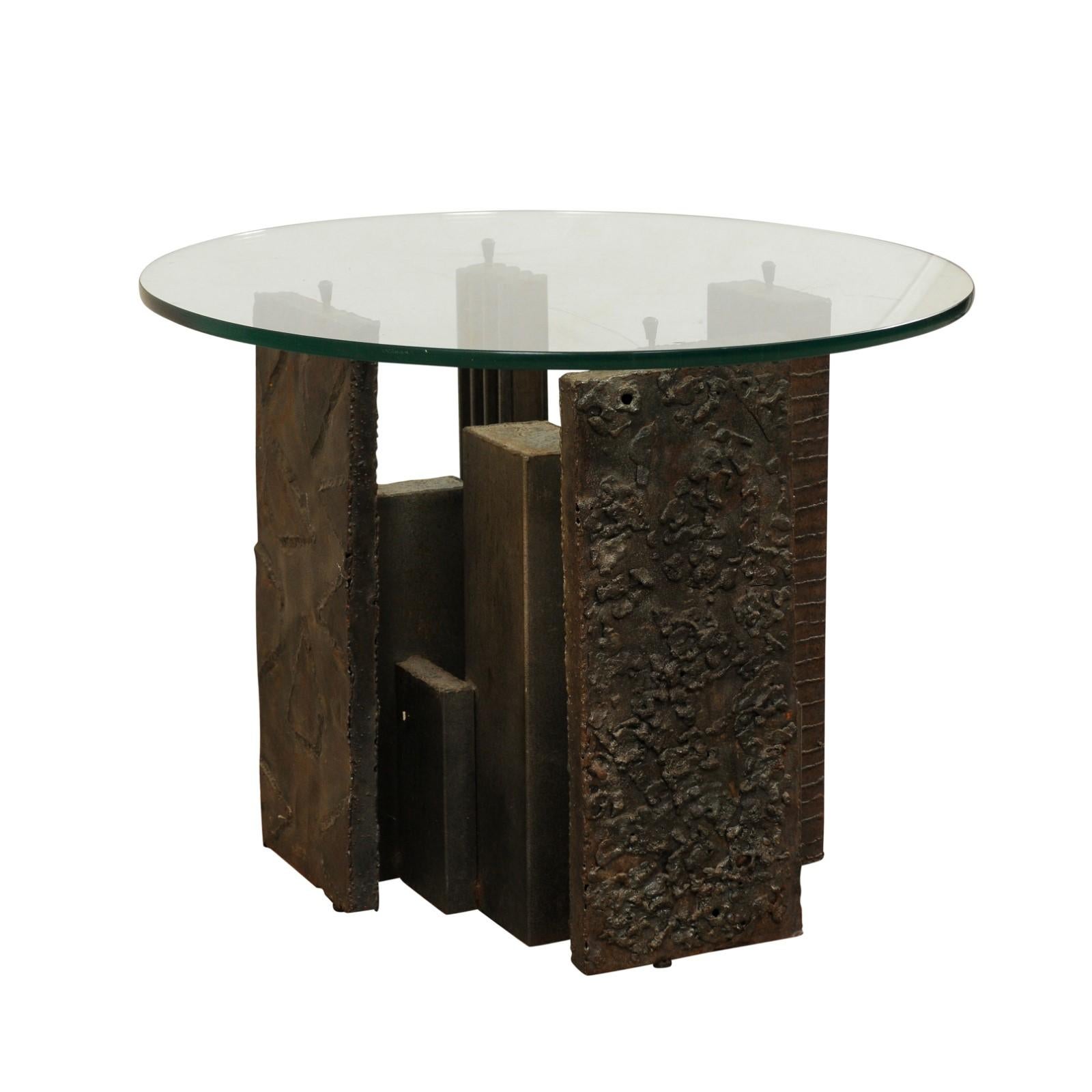 Artist Paul Evans Sculpted Brutalist Metal Side Table with Glass Top