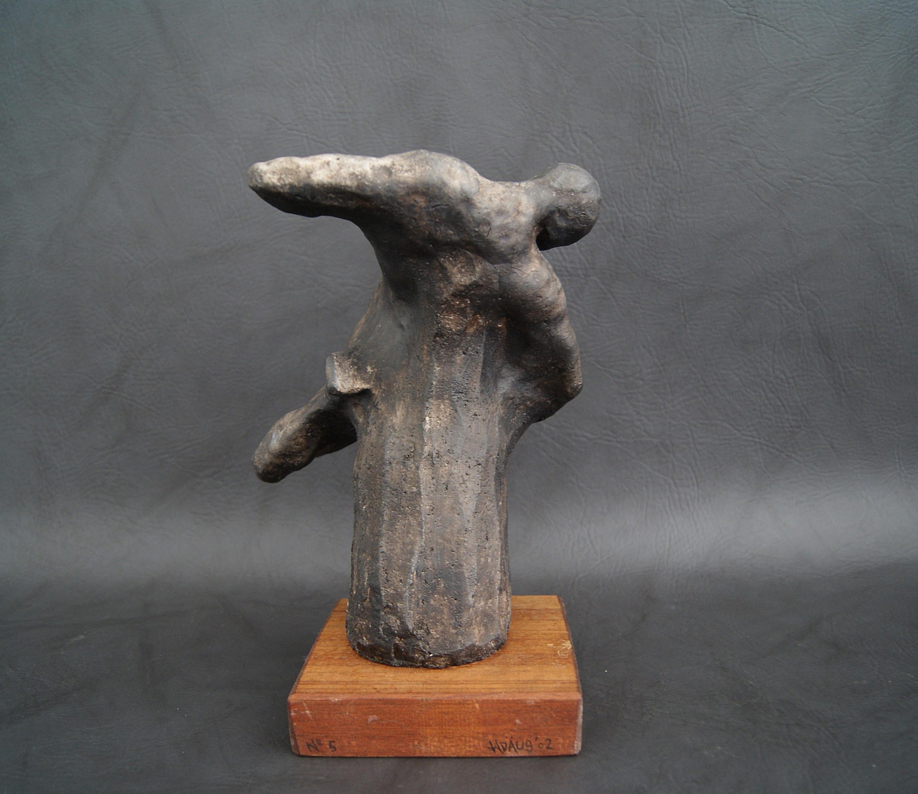 Organic Modern Artist Plaster Sculpture Bronze Patina on a Wooden Base, Abstract Art For Sale