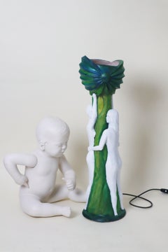 Artist  Pottery Table Lamp Two Naked Women Holding an Opium Poppy Plant