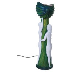 Artist  Pottery Table Lamp Two Naked Women Holding an Opium Poppy Plant