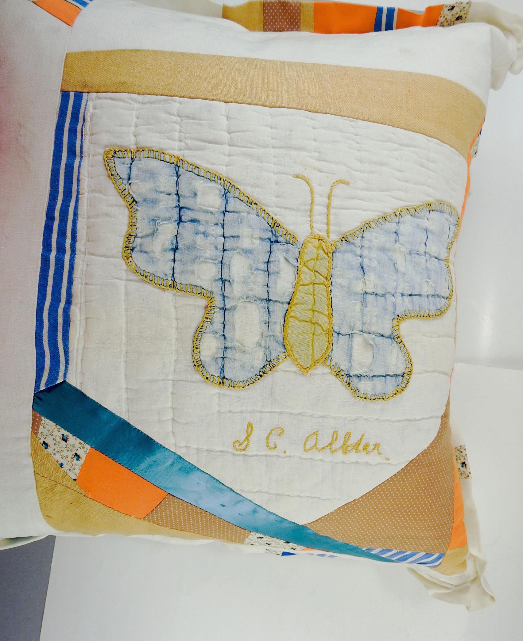 Artist Quilted Orange & Blue Butterfly Pillow In Good Condition In Seguin, TX