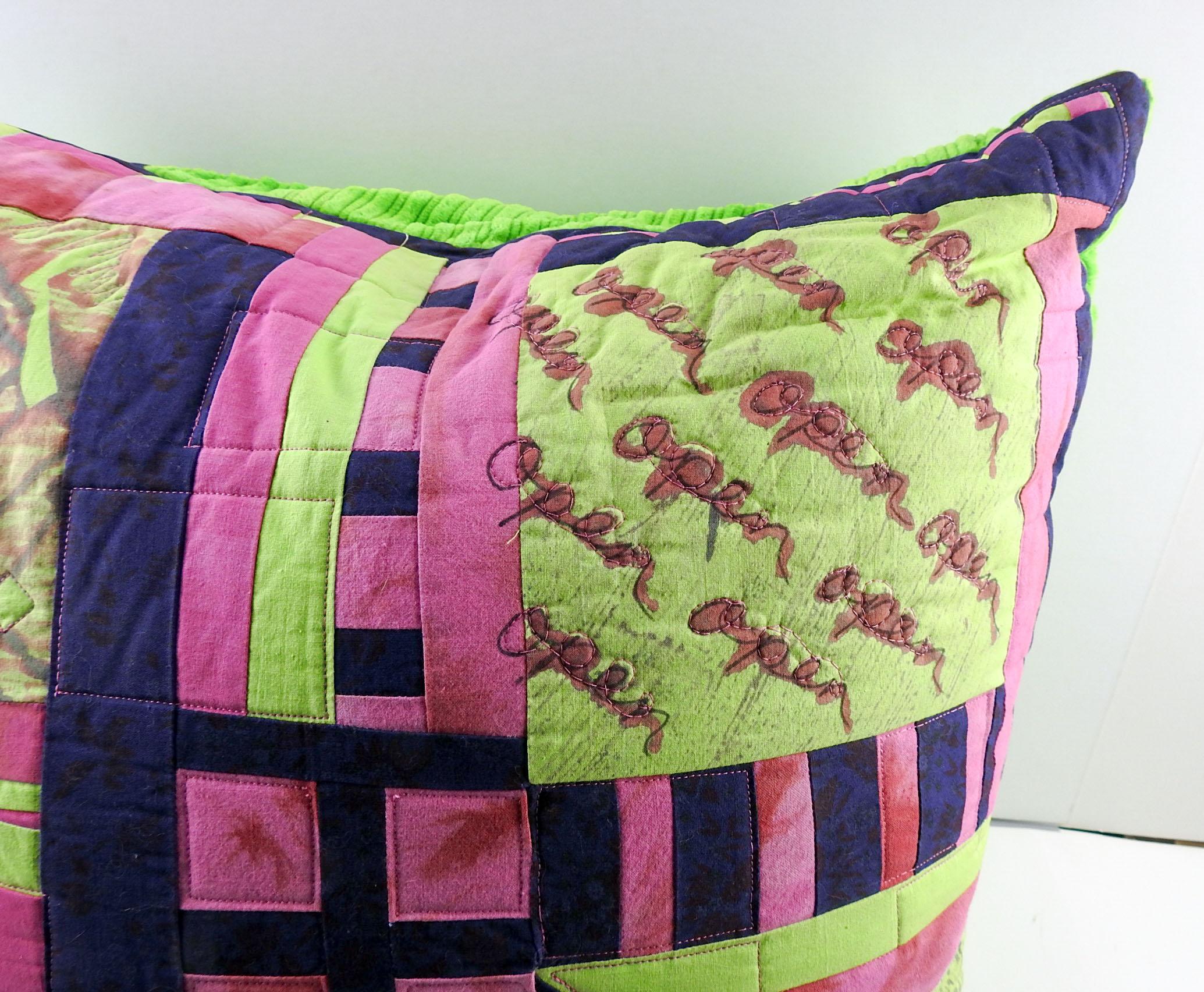 One of a kind artist made pillow from vintage fabric by Linda Thompson. Includes monoprint on cotton, hand dyed cotton, pieced and quilted construction. Back is lime green wide vintage corduroy with custom closure using mid century modern buttons.