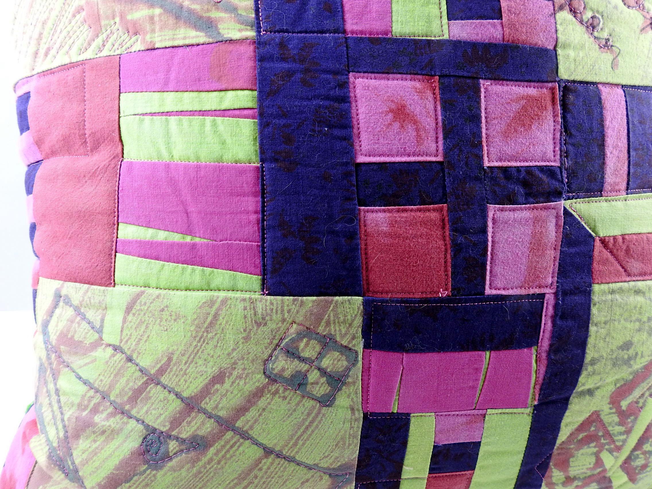 Mid-Century Modern Artist Quited Green & Pink Monoprint Pillow For Sale