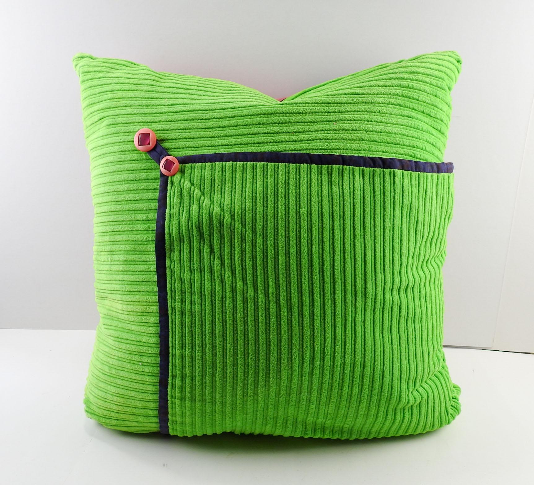 American Artist Quited Green & Pink Monoprint Pillow For Sale