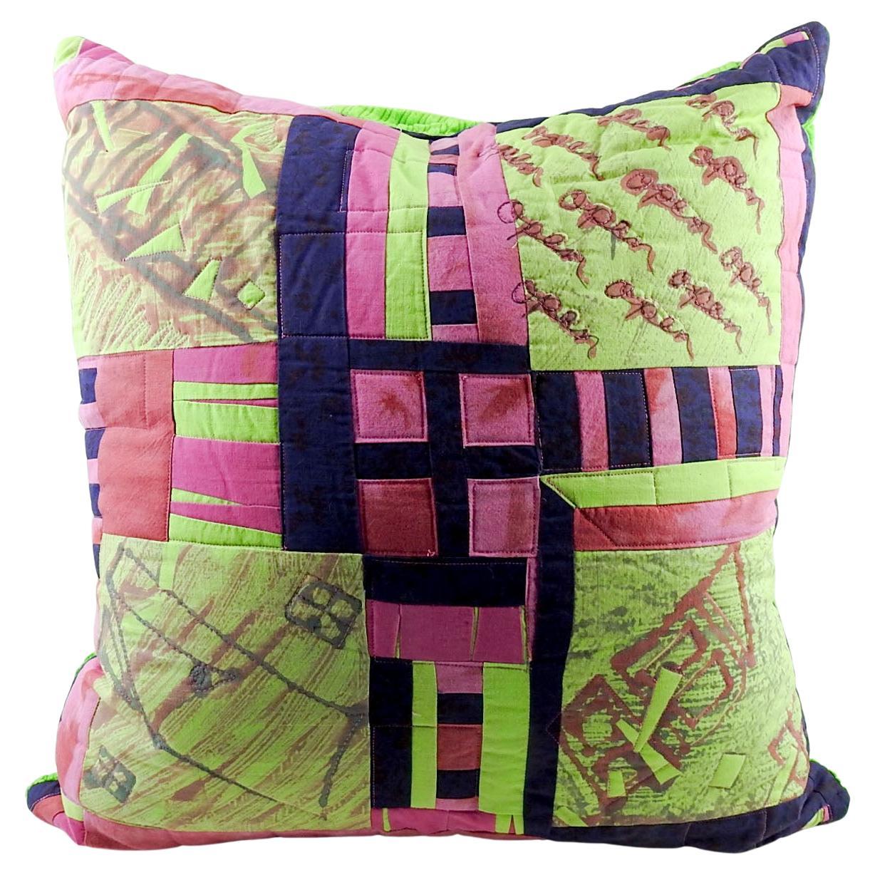 Artist Quited Green & Pink Monoprint Pillow For Sale