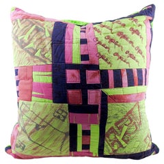Artist Quited Green & Pink Monoprint Pillow