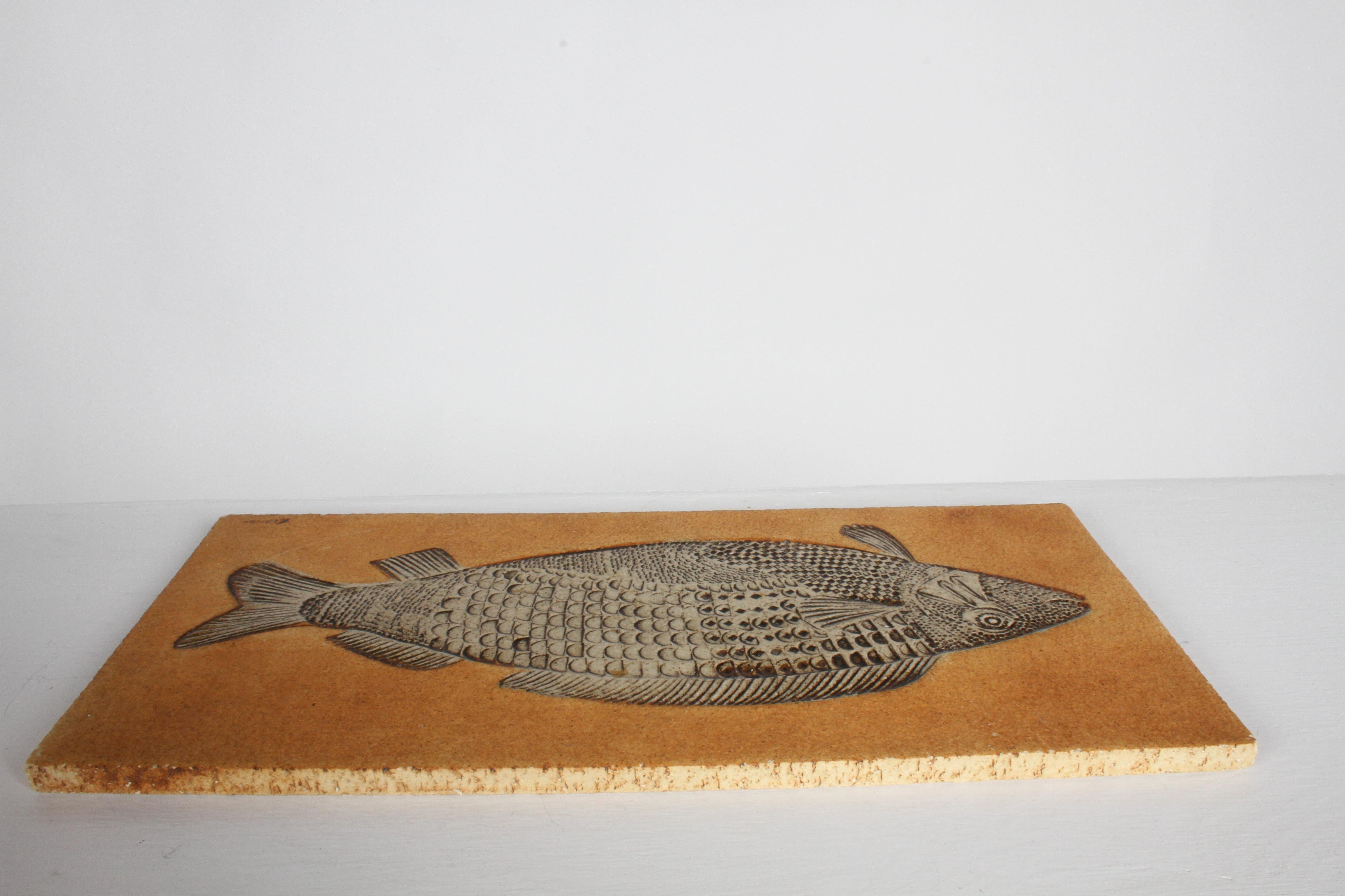 French Artist Roger Capron Ceramic Tile in the Style of a Prehistoric Fossil Fish For Sale