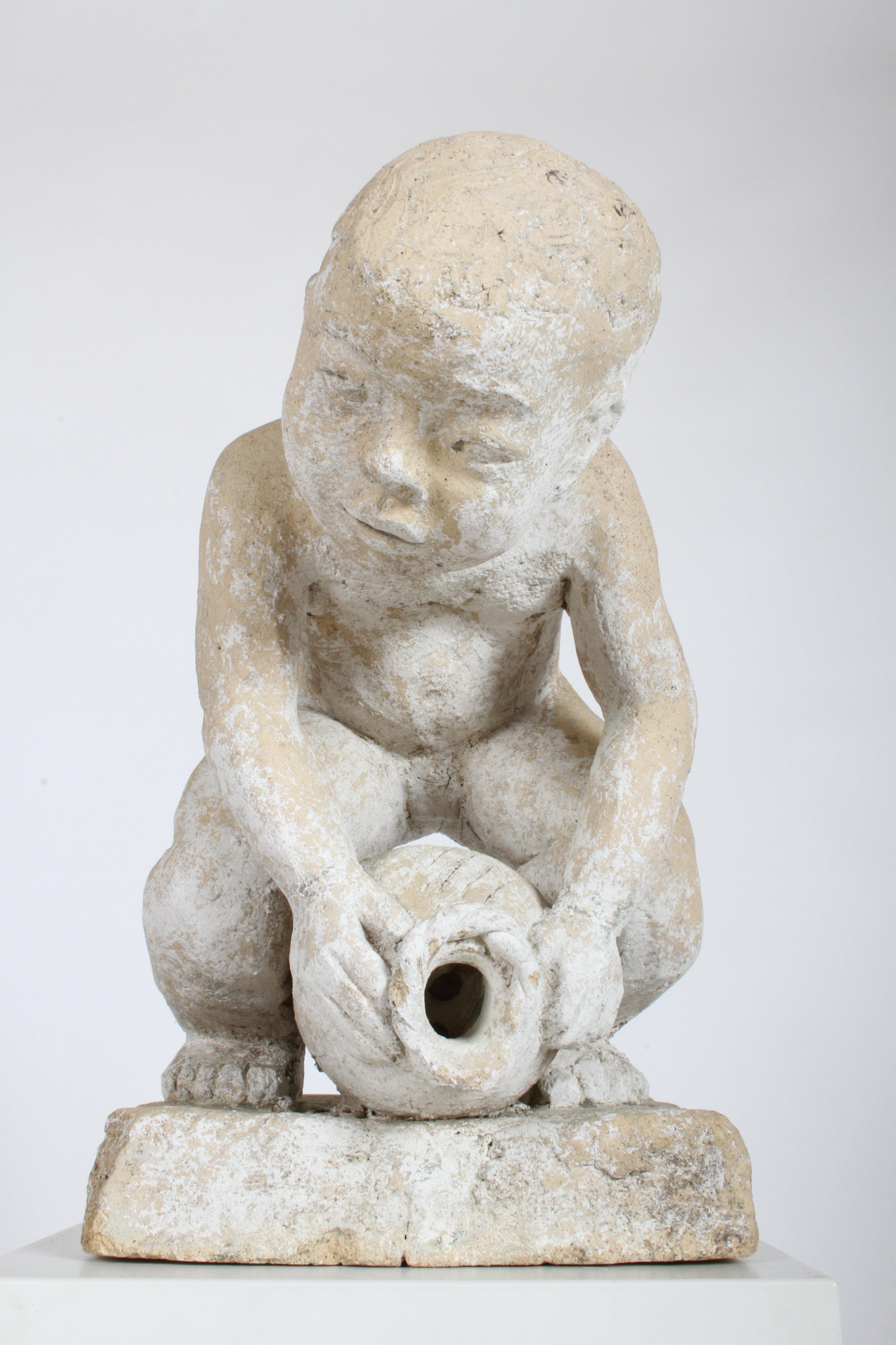 Sheila Ellsworth Burlingame (1894-1969) handcrafted clay garden sculpture fountain of a young boy or baby with vessel. The vessel is hollow, allowing a fountain to be connected from the underside. She was an exemplary sculptor, painter and