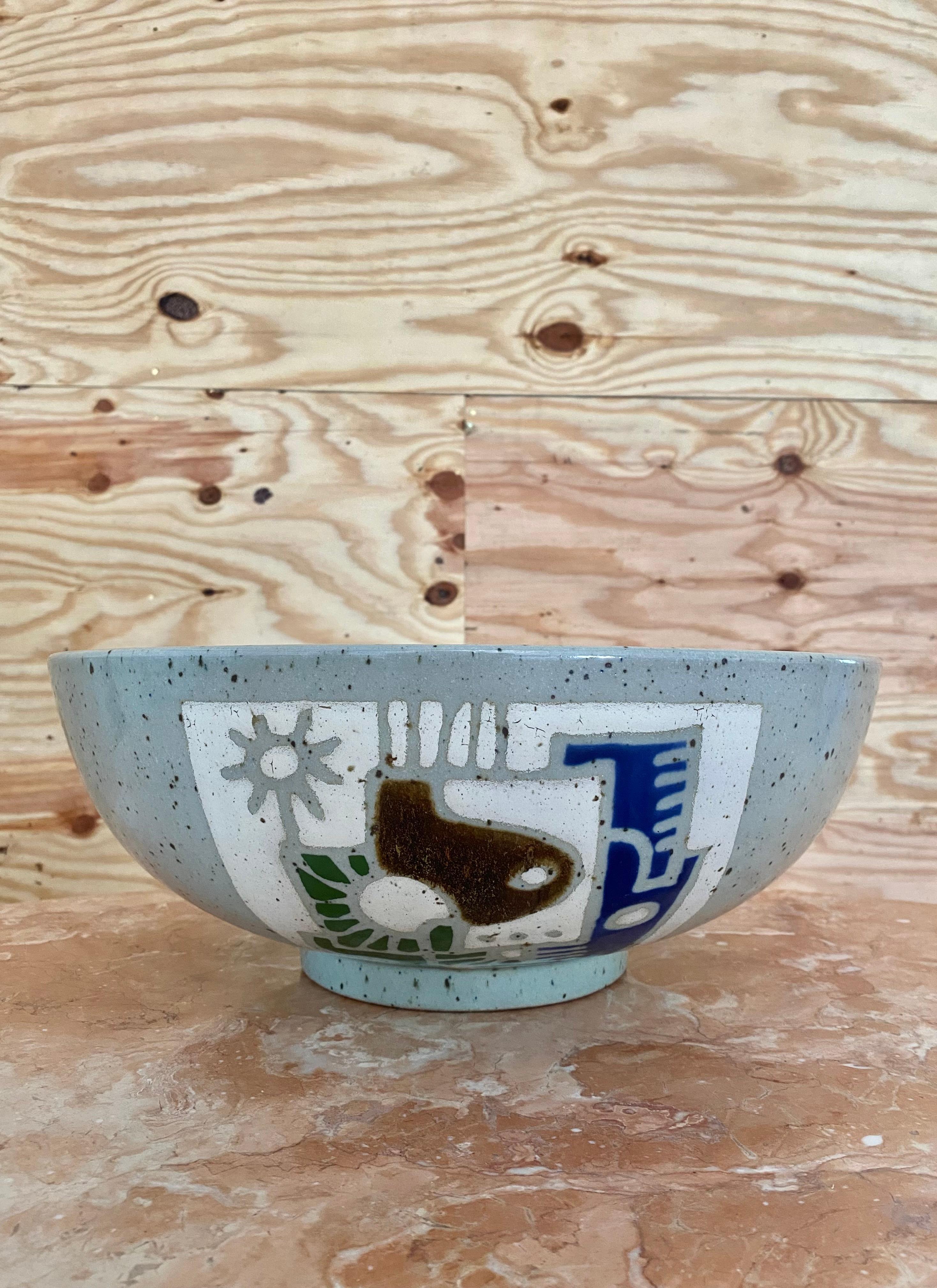 Extraordinary, large stoneware sink, signed by the artist. Interior bowl features an exquisite abstract piece of artistry, rendered in glazed pottery. Deep emerald green and glossy dark navy, with some bittersweet chocolate are the featured colors,