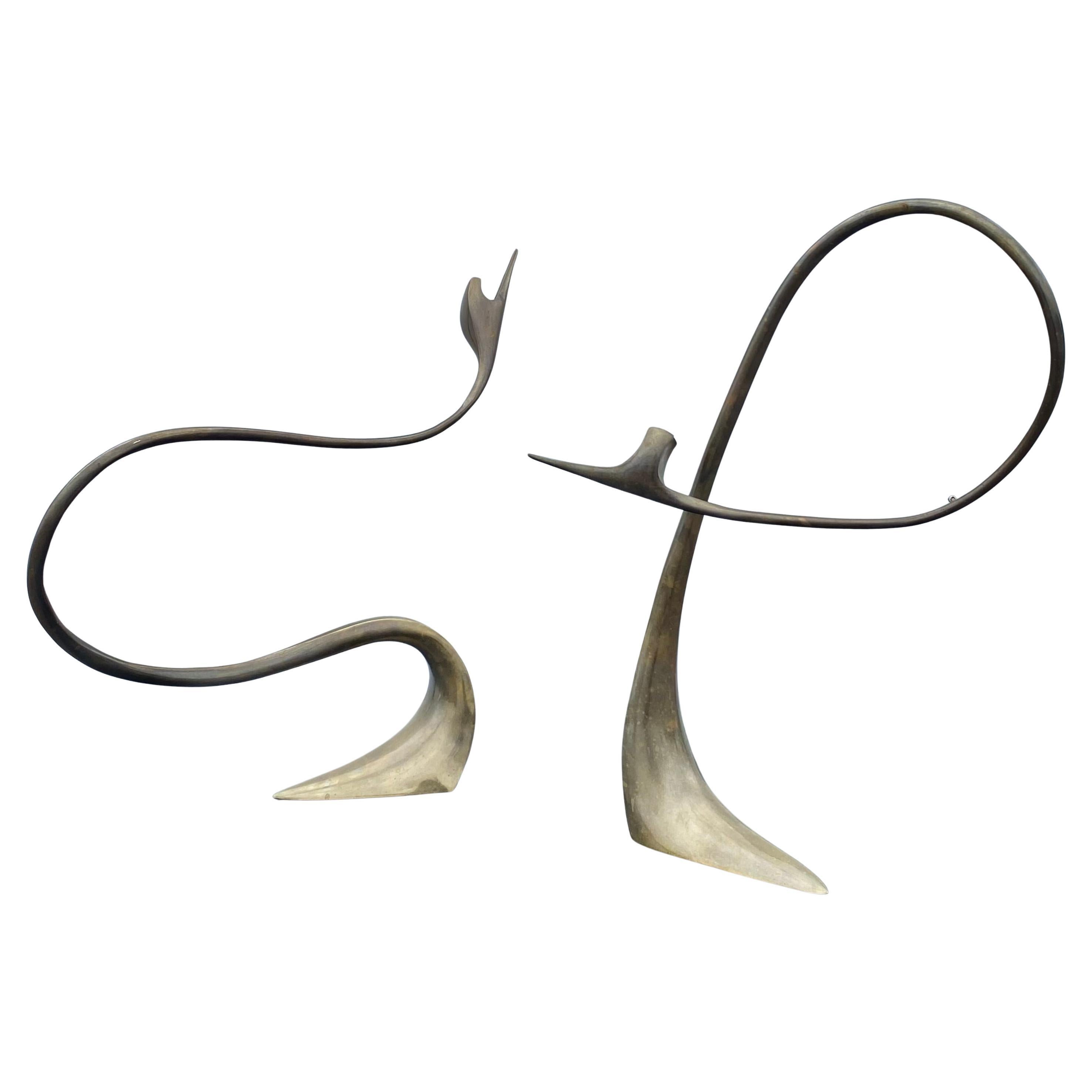 Artist-Signed Brass Pair Abstract Bird Sculptures