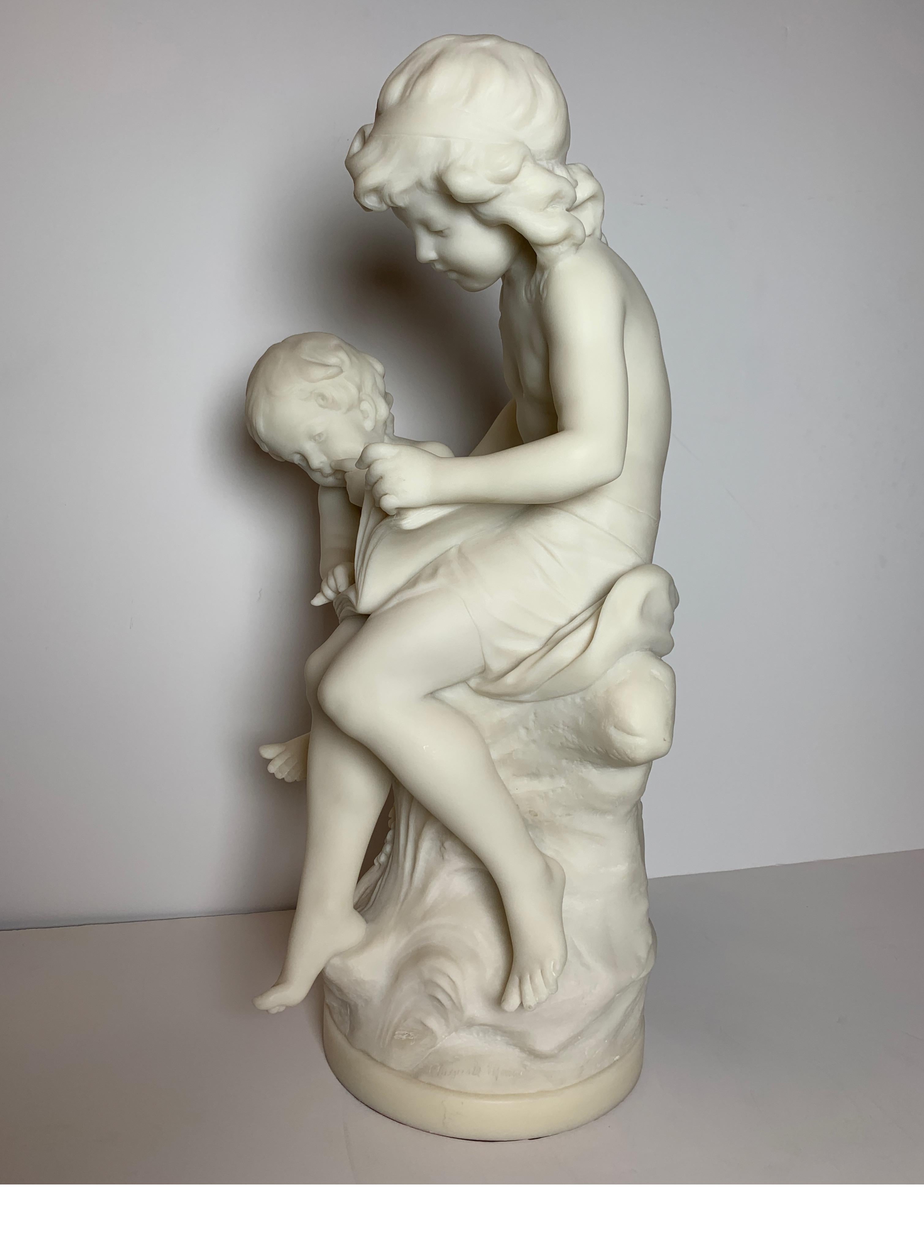 Artist signed French Marble Sculpture of Siblings by Auguste Moreau 5