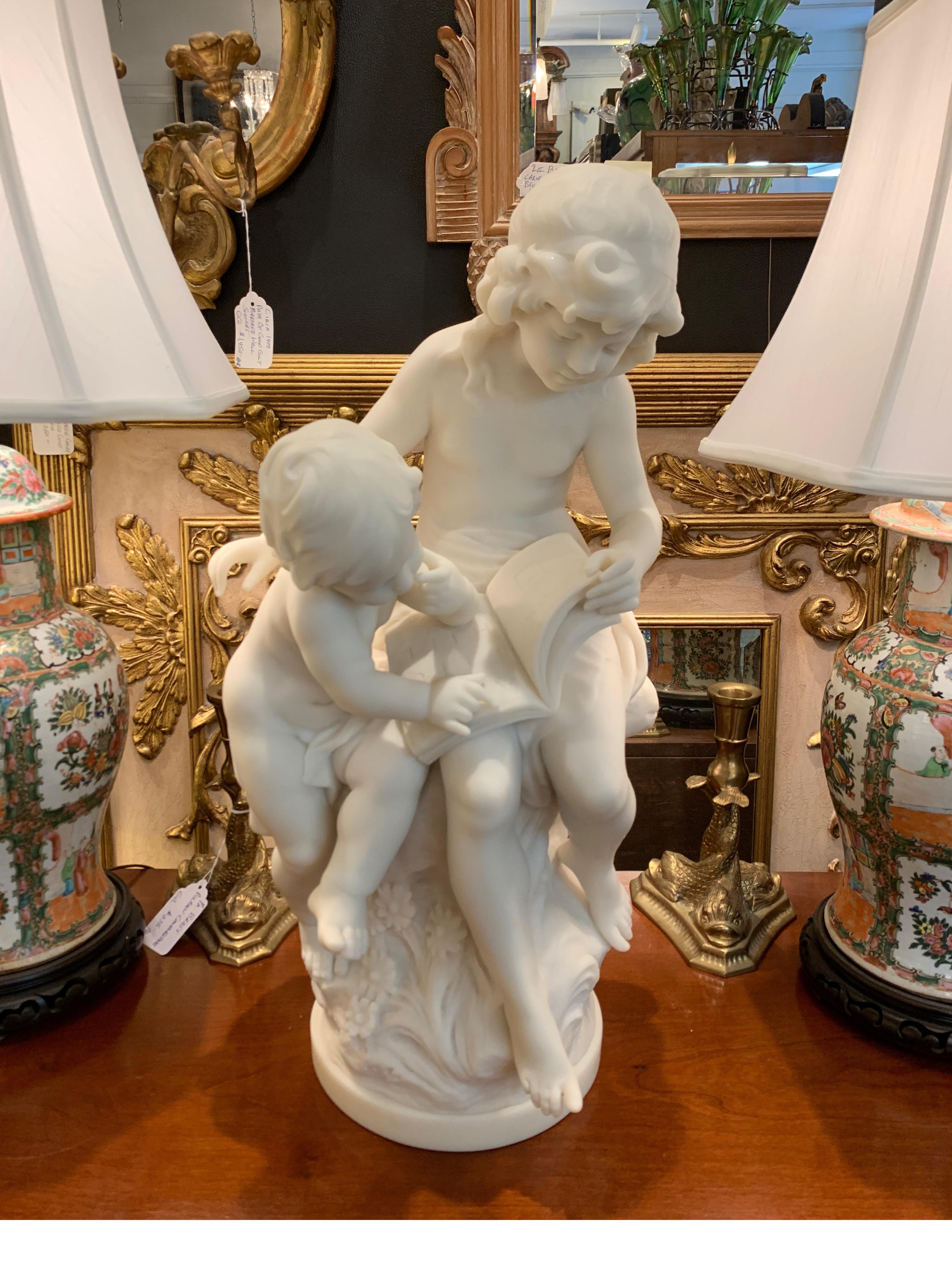 Artist signed French Marble Sculpture of Siblings by Auguste Moreau 13
