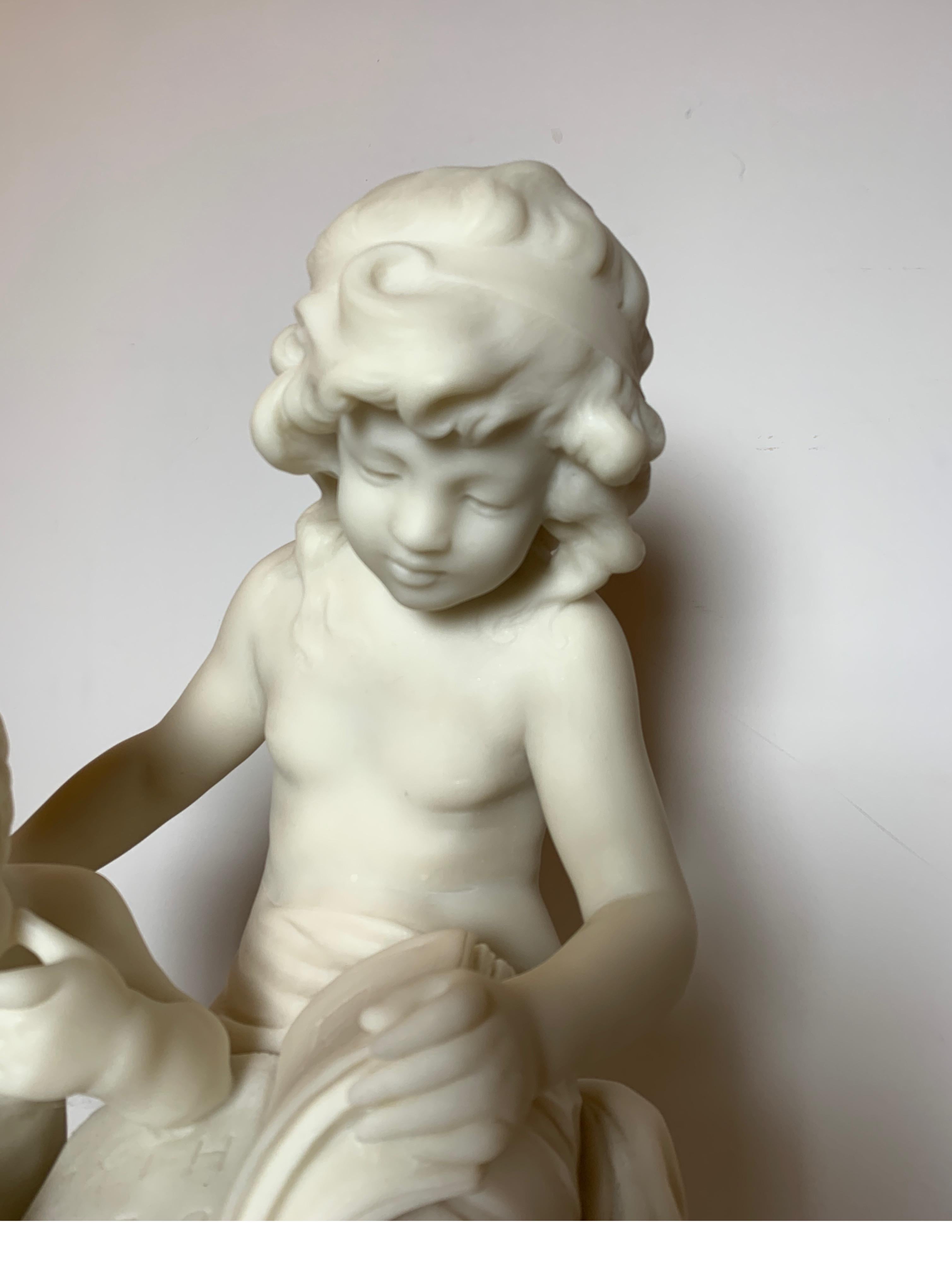 Artist signed French Marble Sculpture of Siblings by Auguste Moreau In Good Condition In Lambertville, NJ