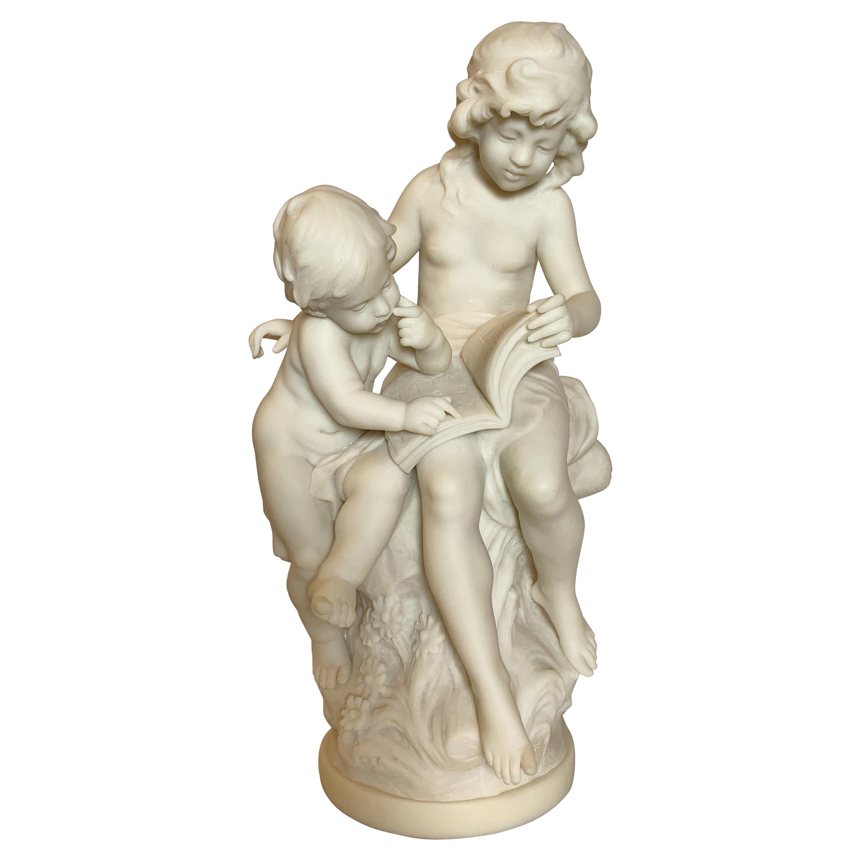 Artist signed French Marble Sculpture of Siblings by Auguste Moreau