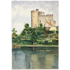 Artist Signed French Painting, Medieval Fortress of Bourbon l' Archambault