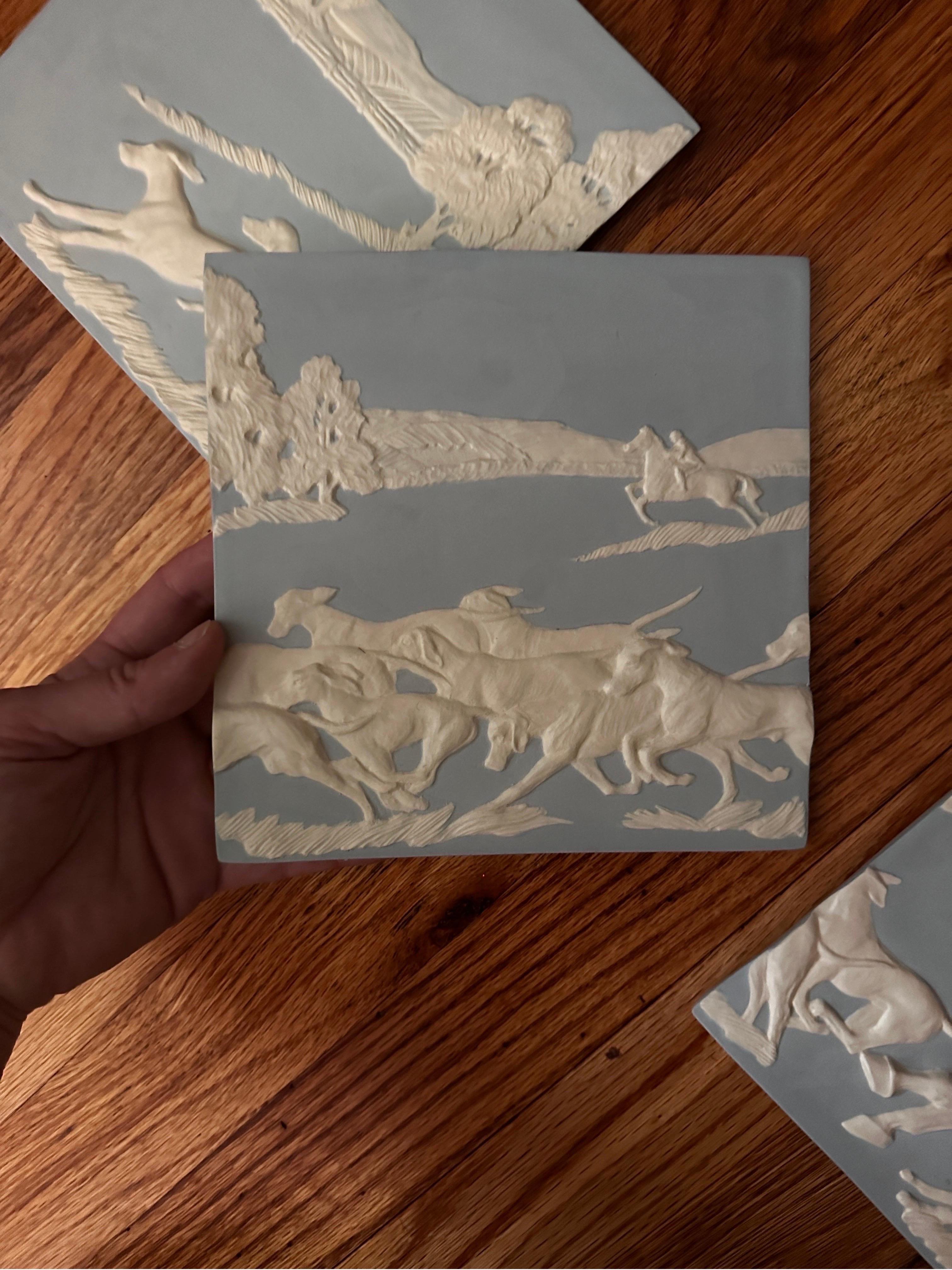 British Colonial artist signed jasperware tile mural blue and white equestrian hunting scene