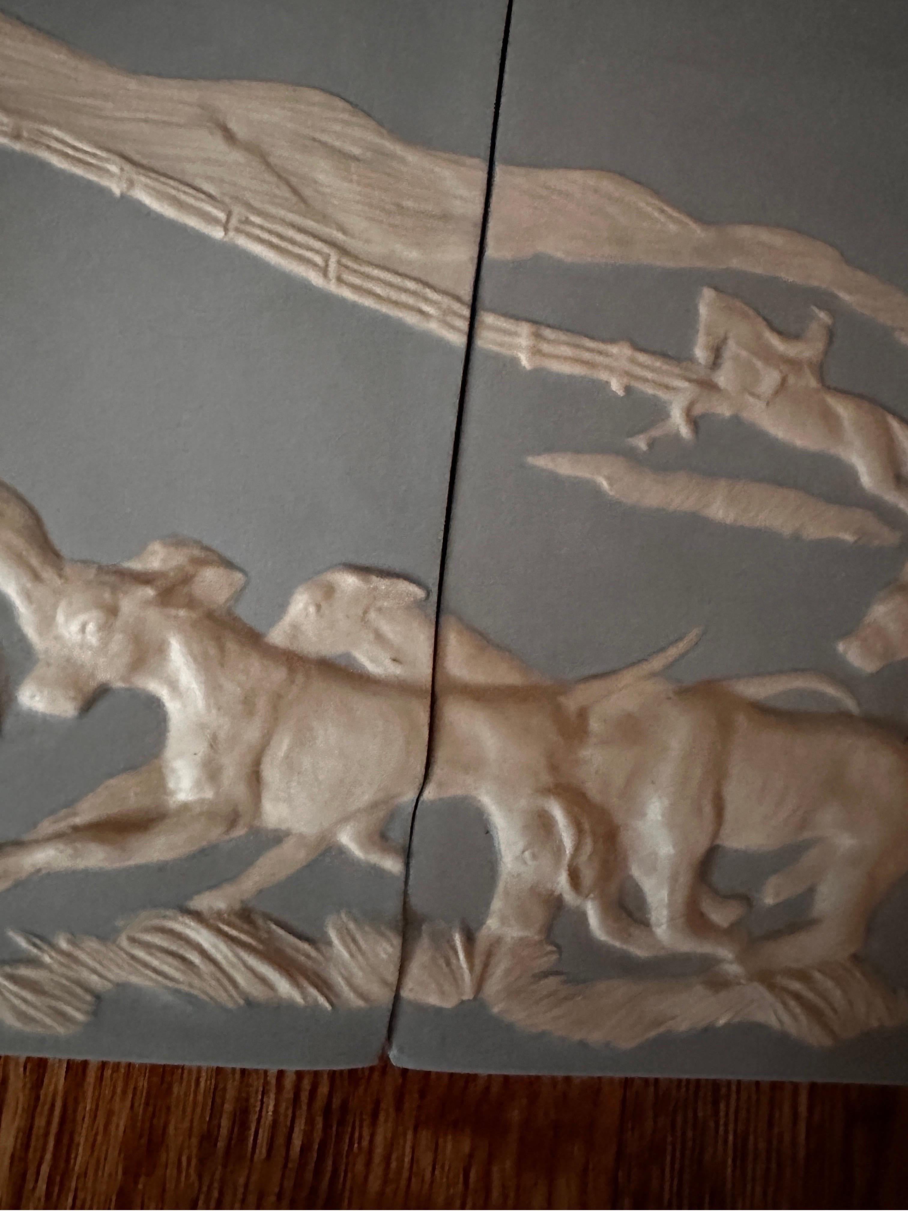 artist signed jasperware tile mural blue and white equestrian hunting scene In Excellent Condition In Farmingdale, NJ