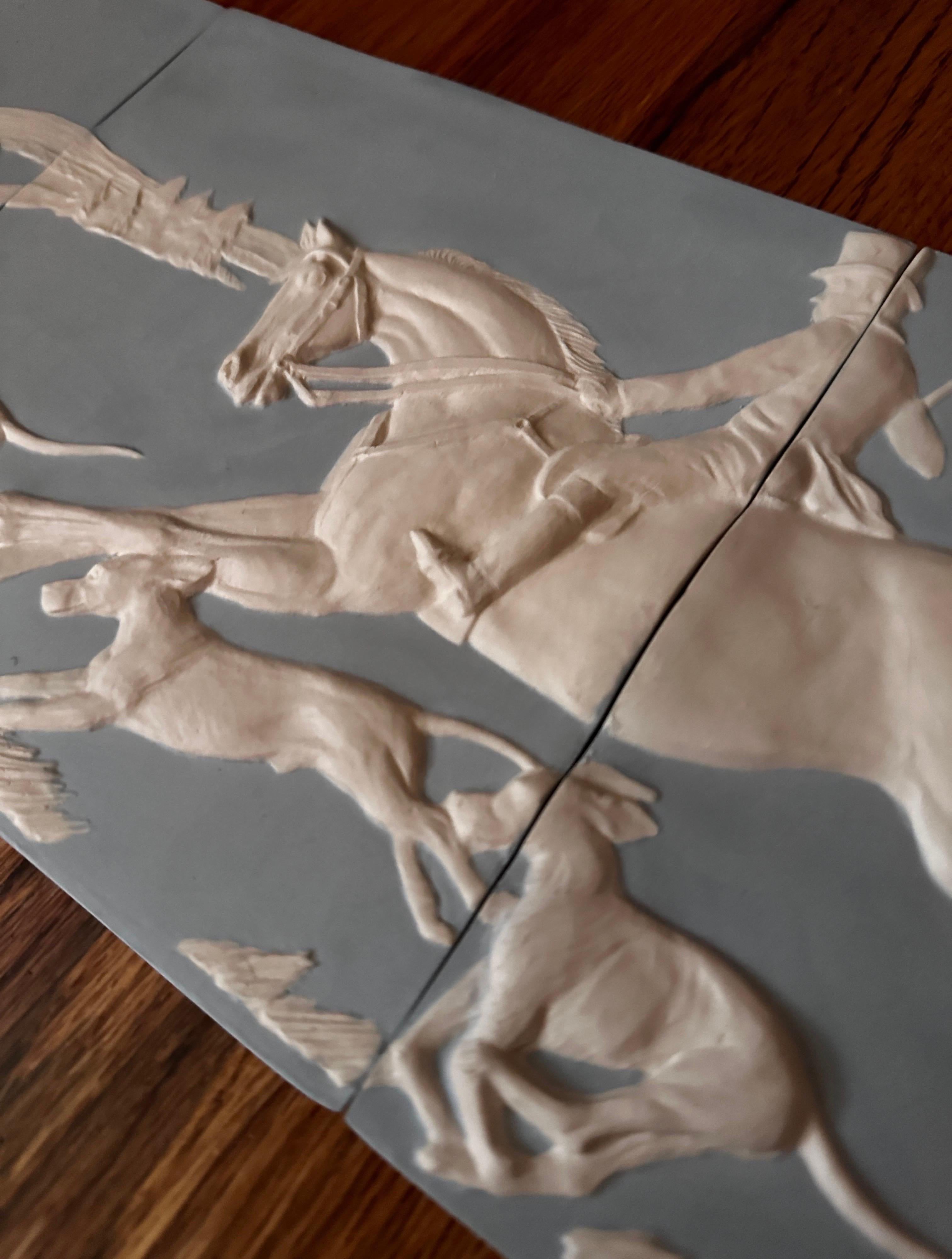 20th Century artist signed jasperware tile mural blue and white equestrian hunting scene