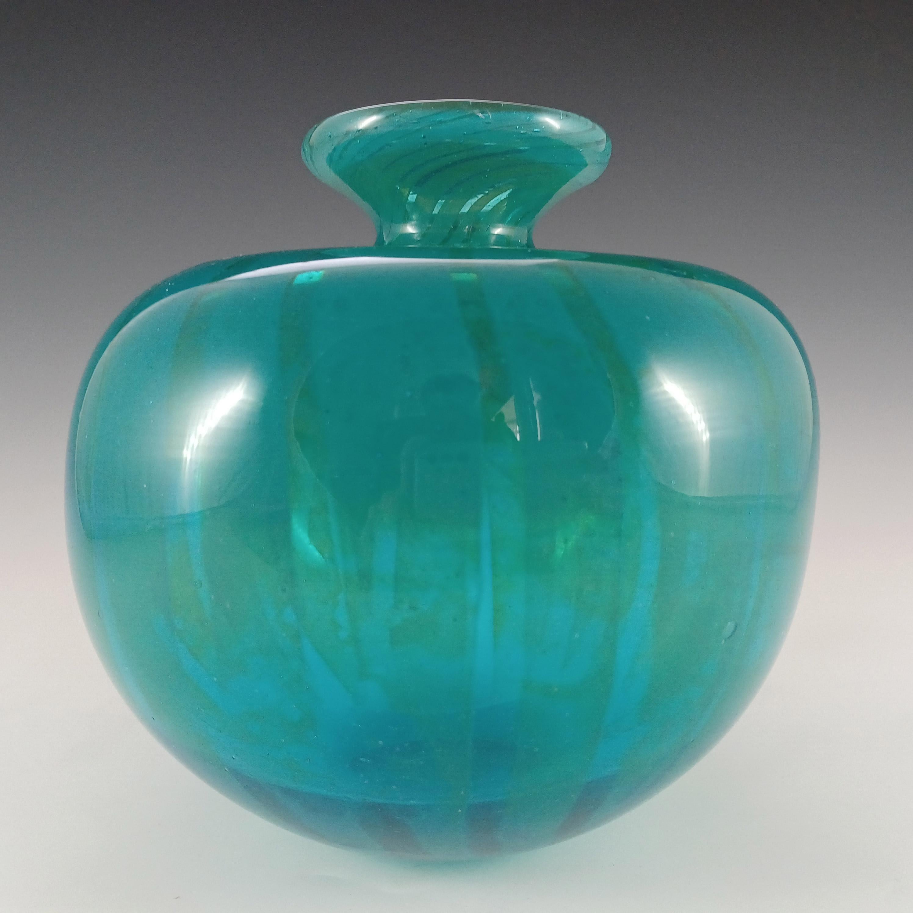 A wonderful large and heavy (1.4kg unpacked) green Maltese glass 'globe' vase in a striped variation of the Ming pattern. Made at Mdina Glass by Eric Dobson, fully signed with artist signature and dated 1975 to the base. Although the vase looks