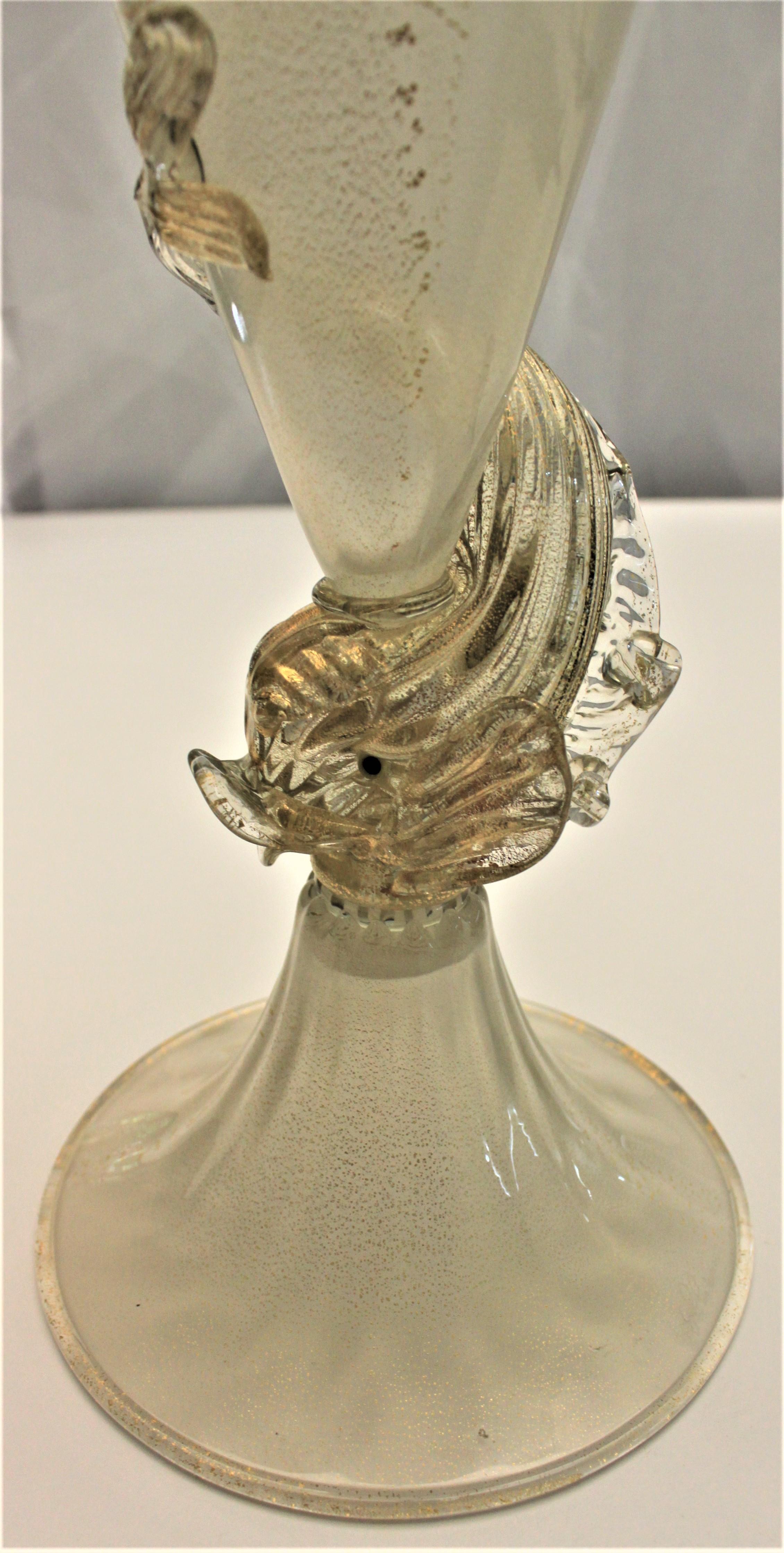 Artist Signed Midcentury Murano Art Glass Vase with Applied Fish or Dolphin 2