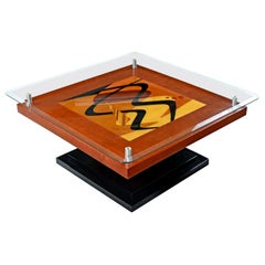Artist Signed Modern Rosewood Wood Inlay Marquetry Pedestal Coffee Table