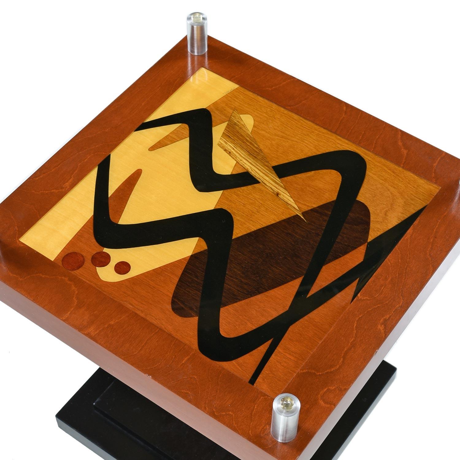 Mid-Century Modern Artist Signed Modern Rosewood Wood Inlay Marquetry Pedestal Side Table