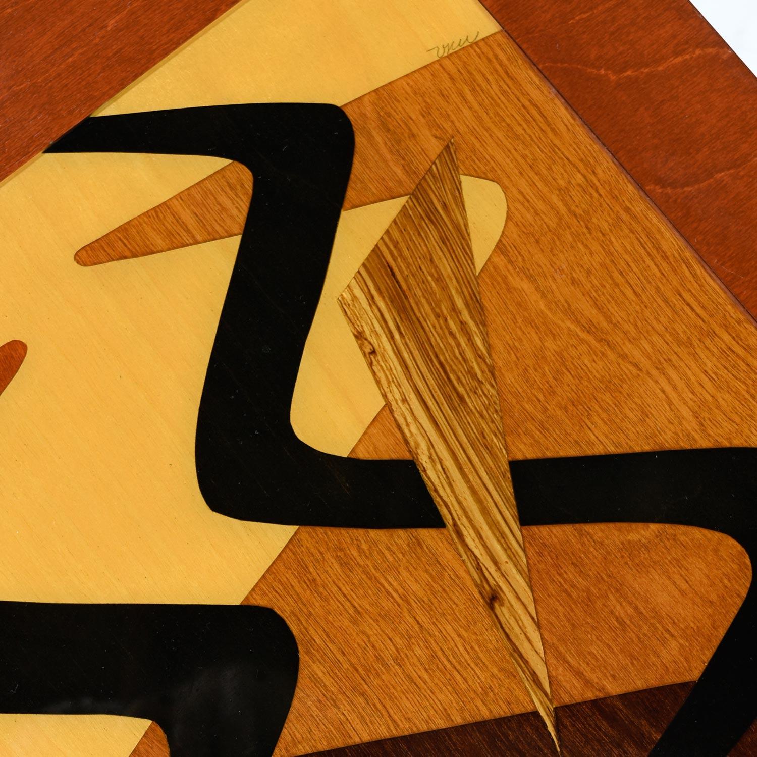 American Artist Signed Modern Rosewood Wood Inlay Marquetry Pedestal Side Table