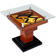 Artist Signed Modern Rosewood Wood Inlay Marquetry Pedestal Side Table