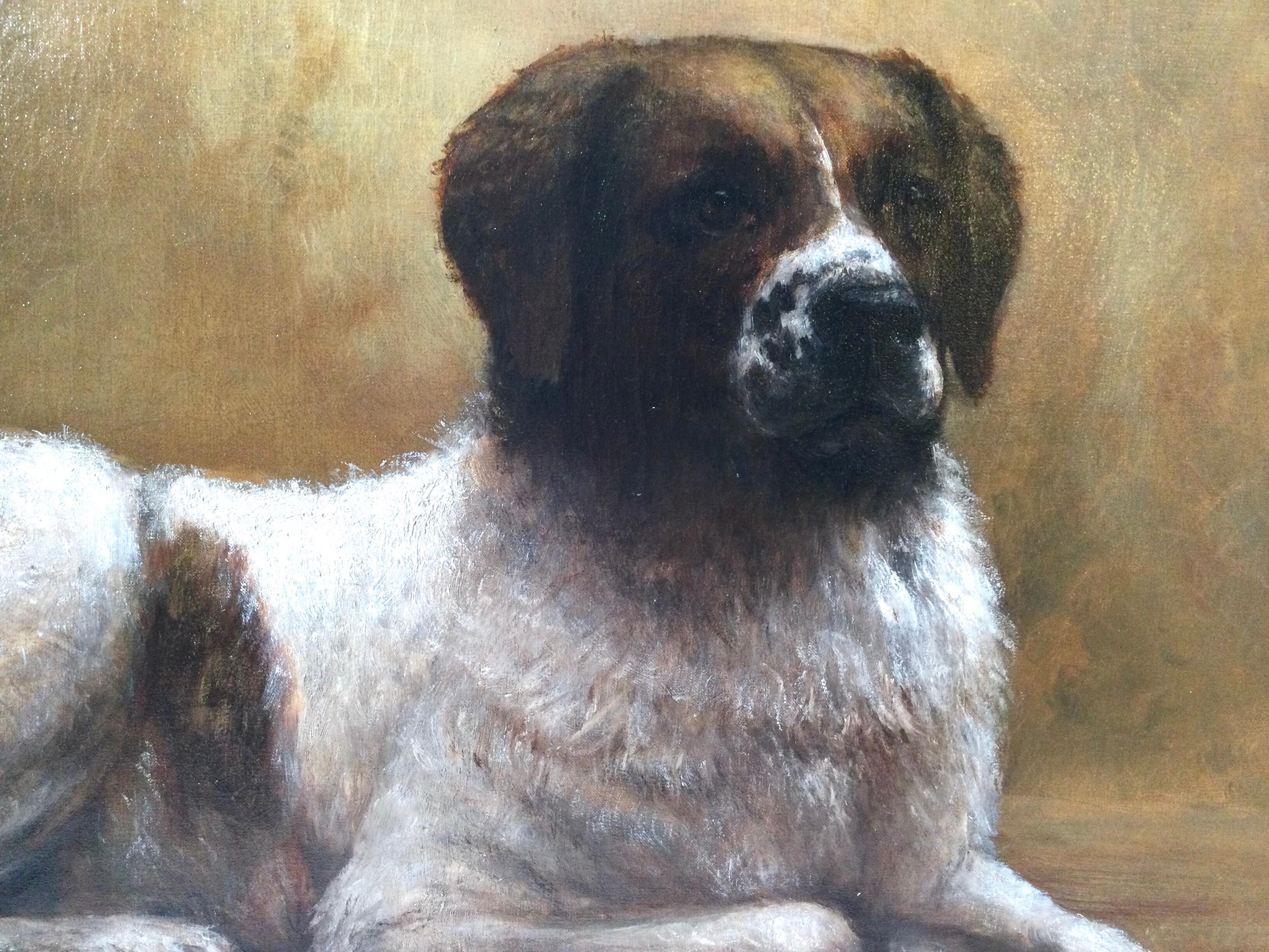 Oil on canvas in original gilt wood frame of a Saint Bernard. Artist J. L. Bleaueit ? The name is somewhat illegible but clearly dated 1903. The well executed painting with no visible repairs in a beautifully detailed early frame.