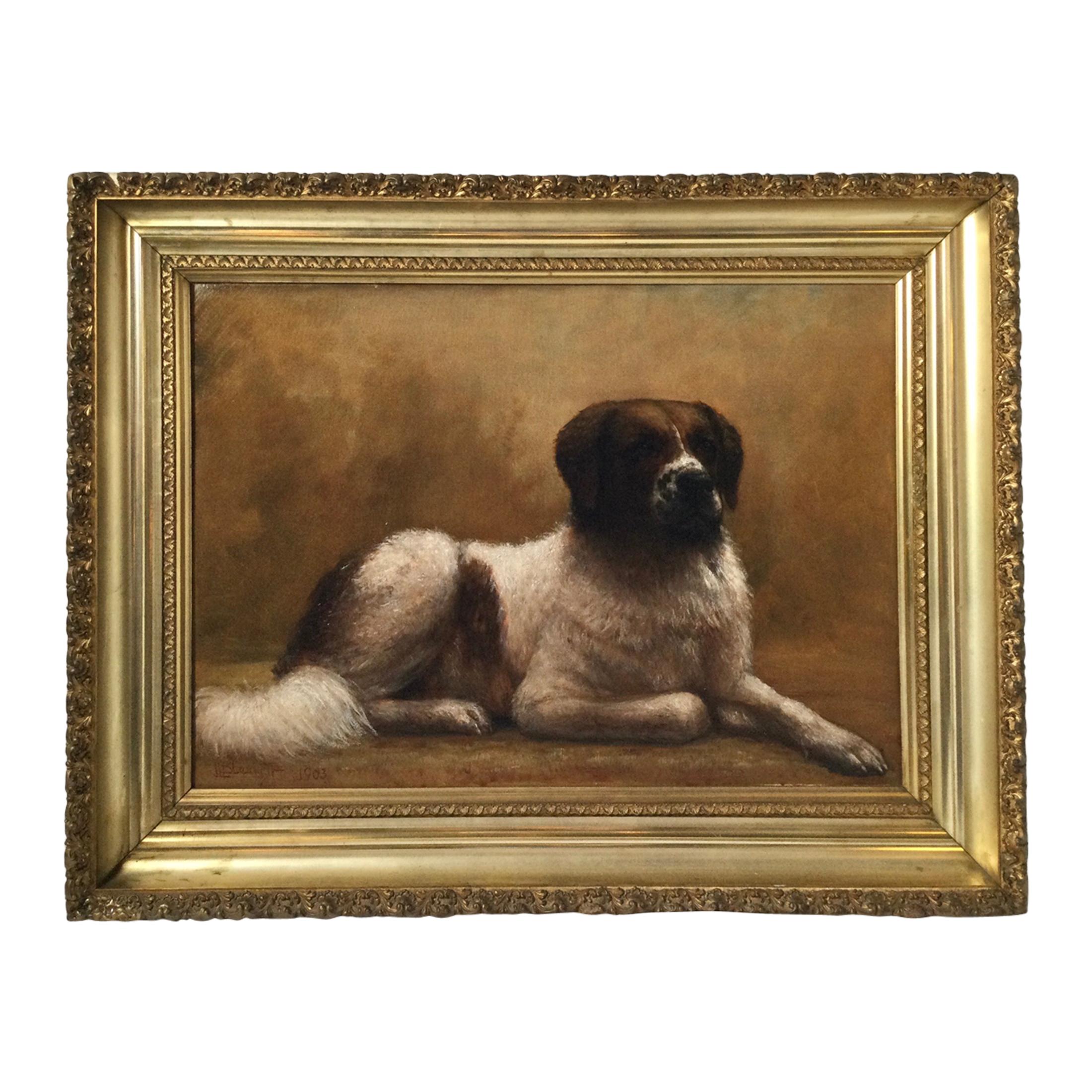 Artist Signed Oil on Canvas of a Saint Bernard Dog, Dated 1903
