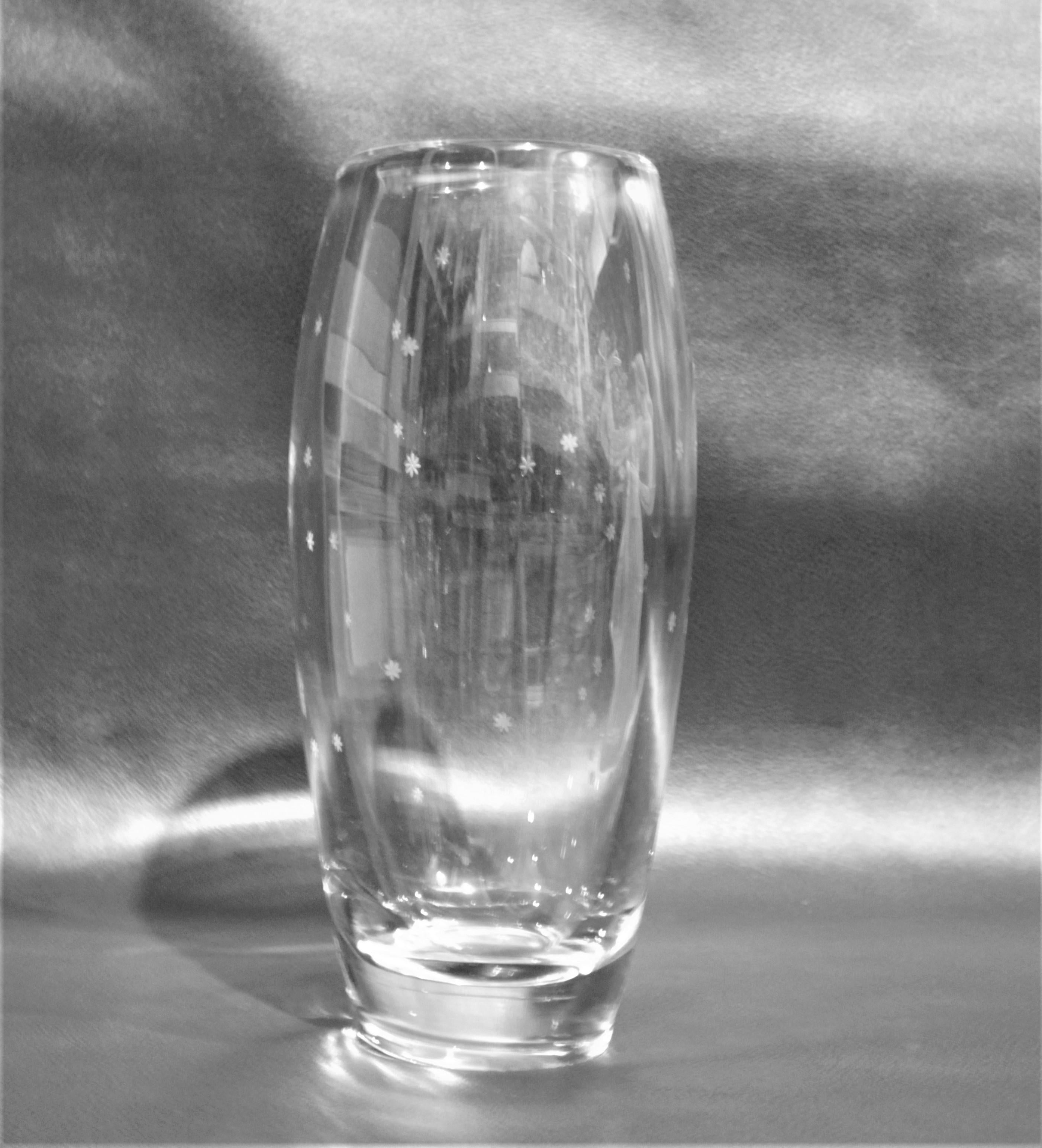 Mid-Century Modern Artist Signed Orrefors Etched Crystal Vase Depicting a Woman Holding Flowers For Sale