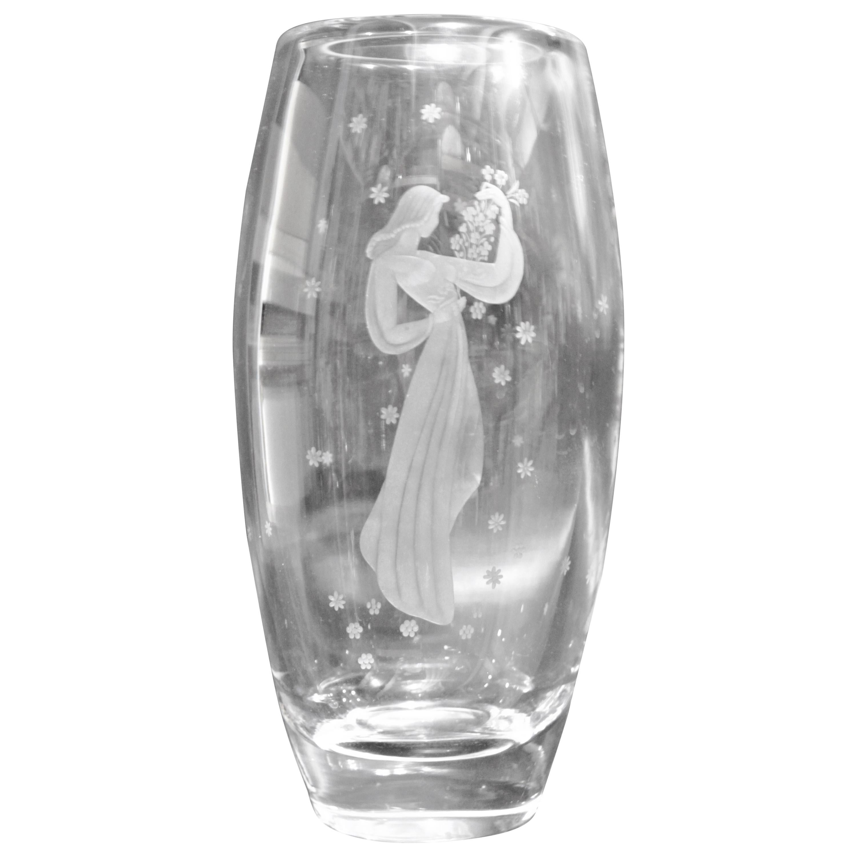 Artist Signed Orrefors Etched Crystal Vase Depicting a Woman Holding Flowers For Sale