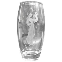 Artist Signed Orrefors Etched Crystal Vase Depicting a Woman Holding Flowers