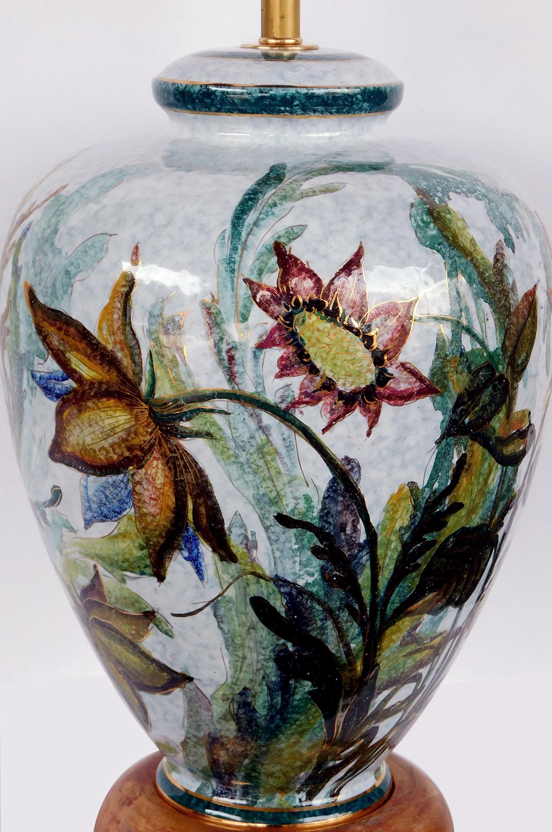 Ceramic Artist Signed Saca Italy Polychromed Lamp with Bold Floral Stems For Sale