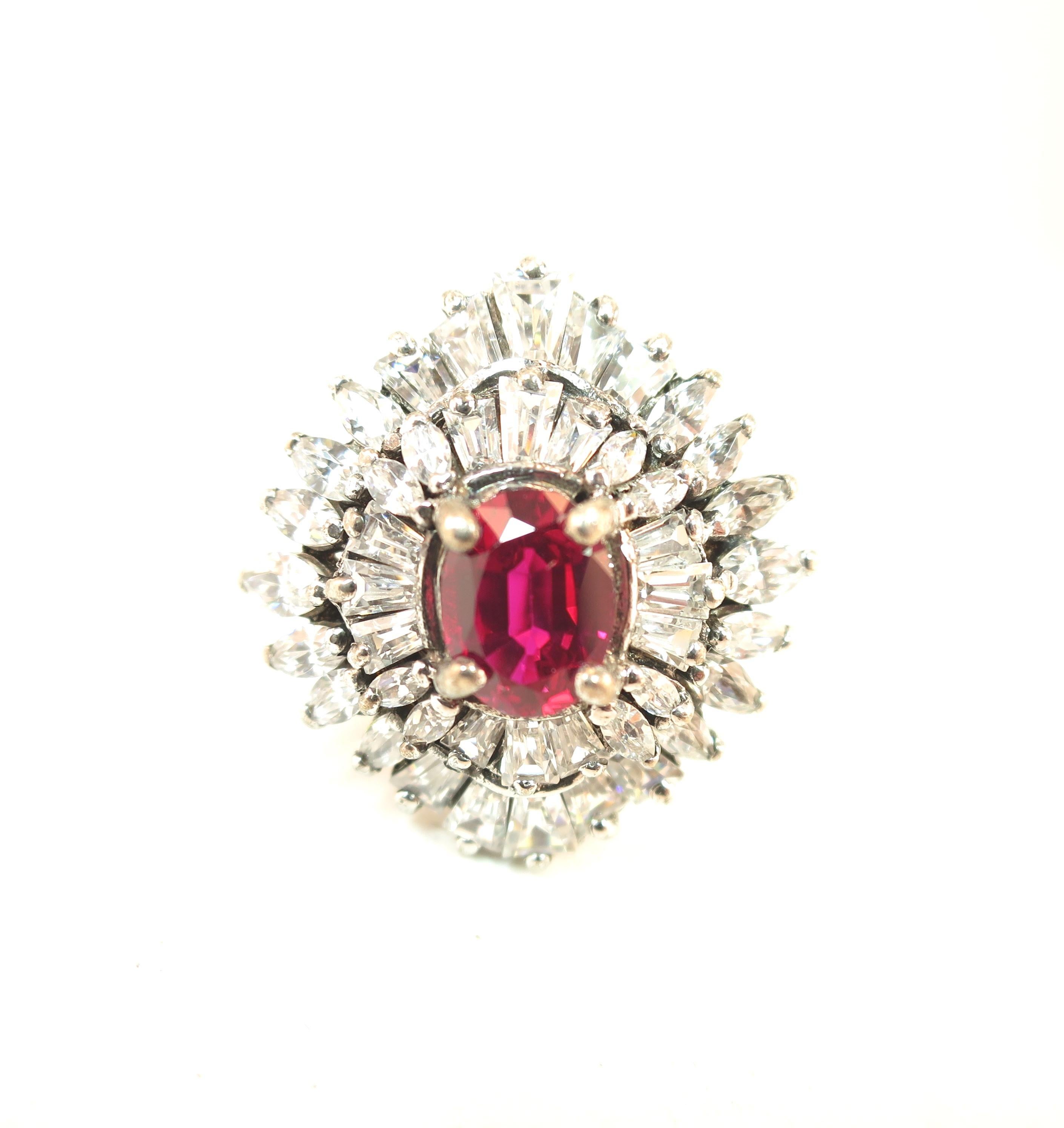 Artist-Signed Sterling, Cubic Zirconia & Synthetic Ruby Cocktail Ring 1970s For Sale 6