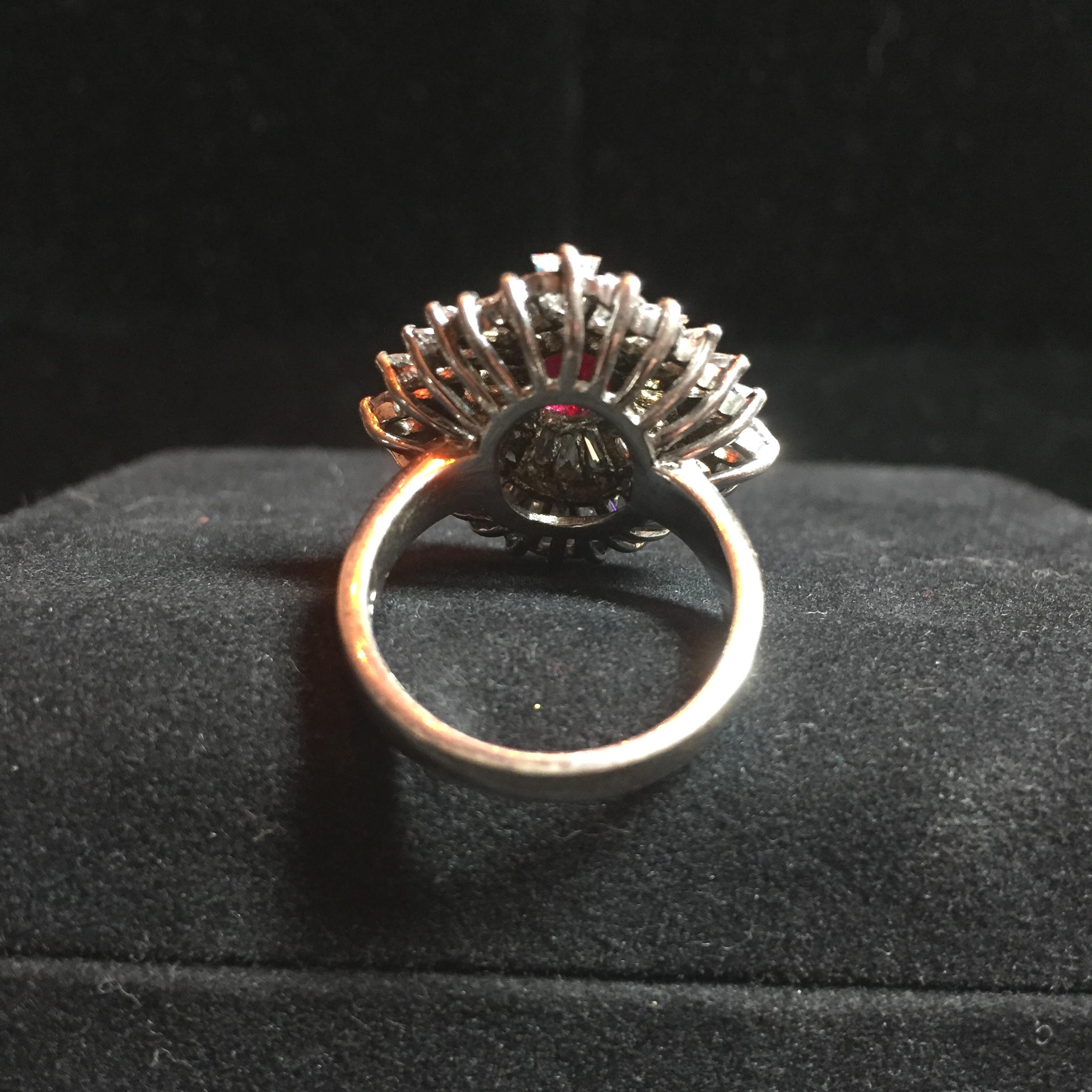 Artist-Signed Sterling, Cubic Zirconia & Synthetic Ruby Cocktail Ring 1970s For Sale 7