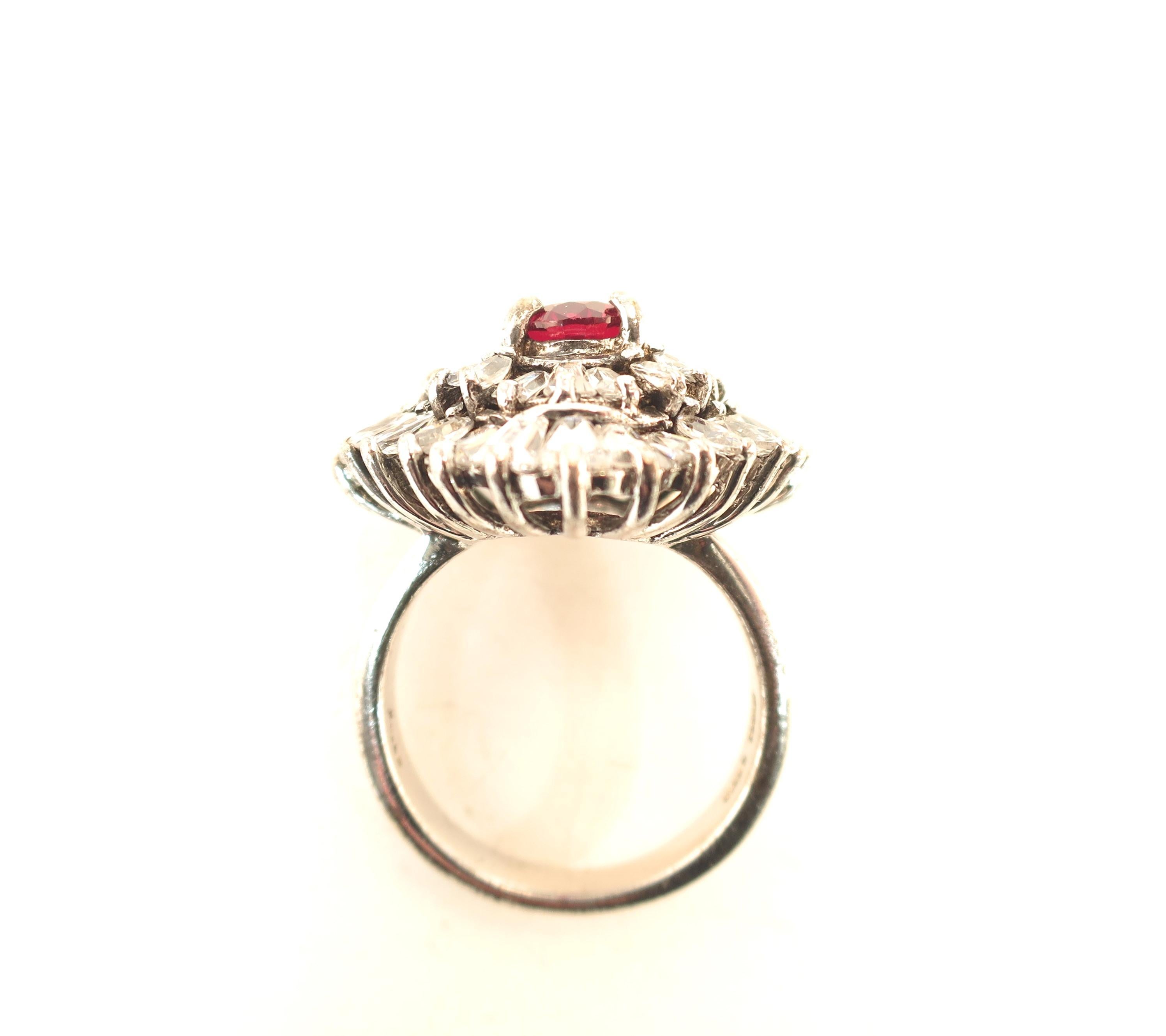 Artist-Signed Sterling, Cubic Zirconia & Synthetic Ruby Cocktail Ring 1970s For Sale 10