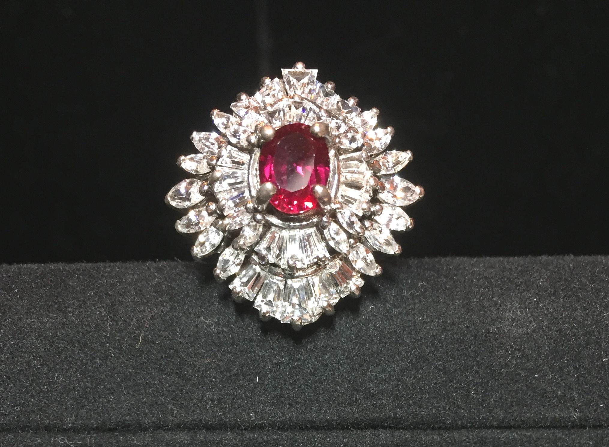 Artist-Signed Sterling, Cubic Zirconia & Synthetic Ruby Cocktail Ring 1970s In Good Condition For Sale In Burbank, CA