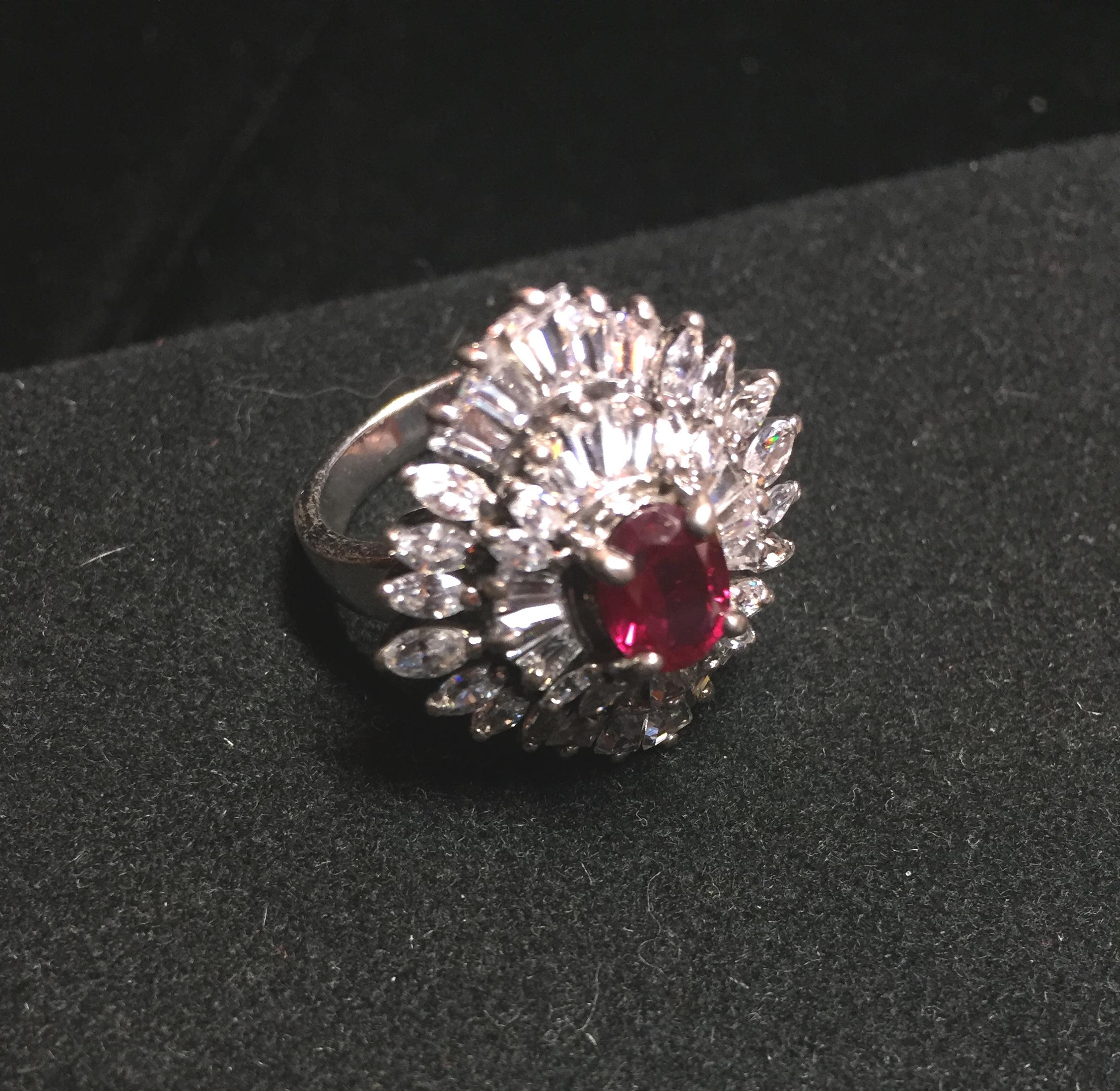 Women's Artist-Signed Sterling, Cubic Zirconia & Synthetic Ruby Cocktail Ring 1970s For Sale