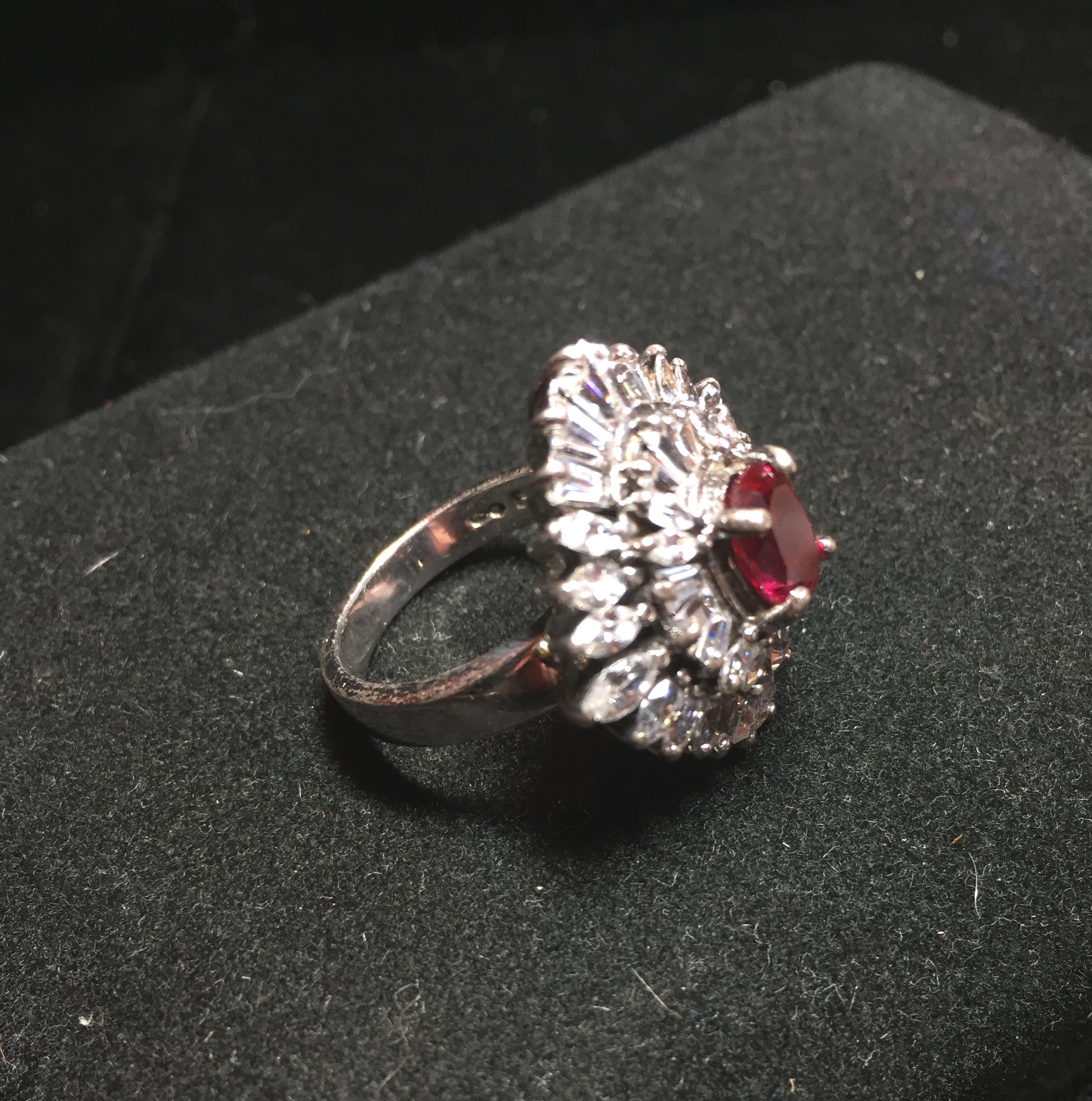 Artist-Signed Sterling, Cubic Zirconia & Synthetic Ruby Cocktail Ring 1970s For Sale 1