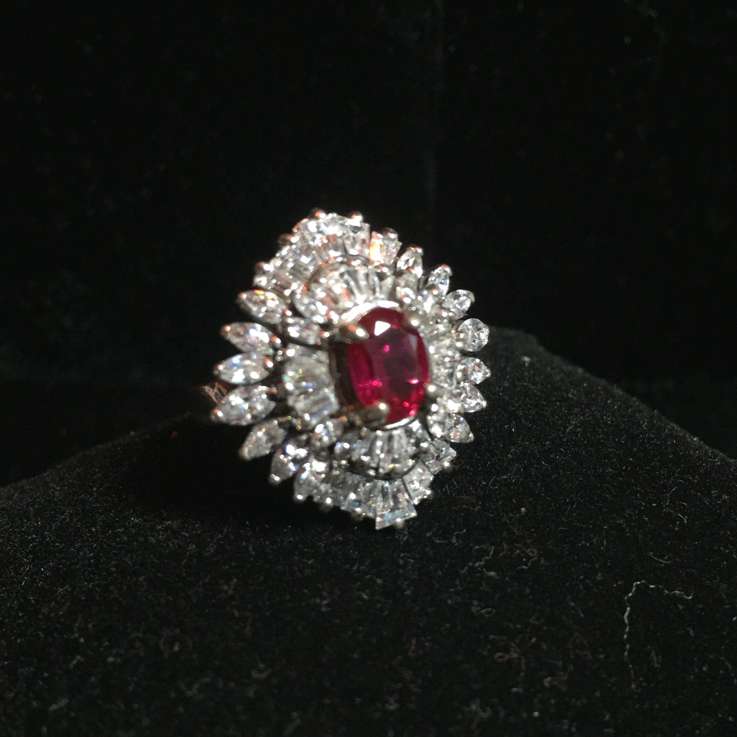 Artist-Signed Sterling, Cubic Zirconia & Synthetic Ruby Cocktail Ring 1970s For Sale 2