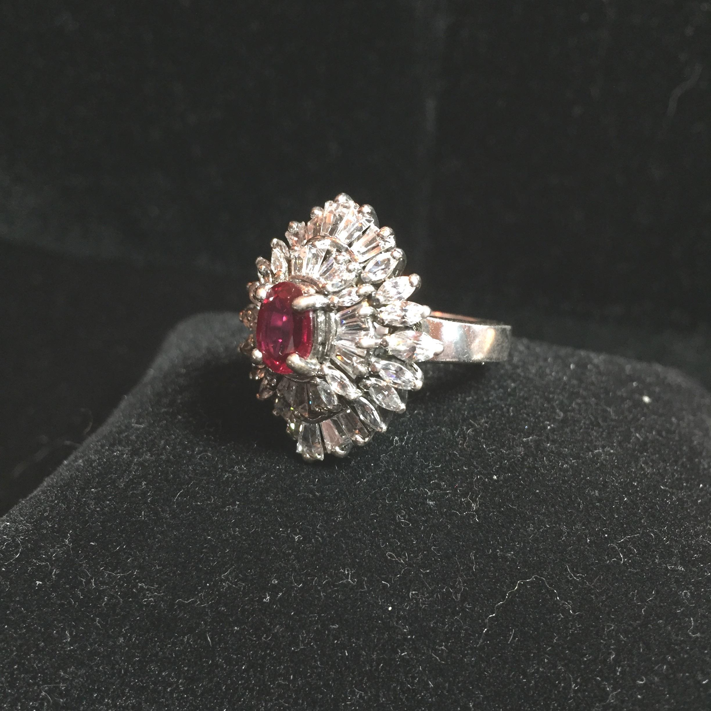 Artist-Signed Sterling, Cubic Zirconia & Synthetic Ruby Cocktail Ring 1970s For Sale 3