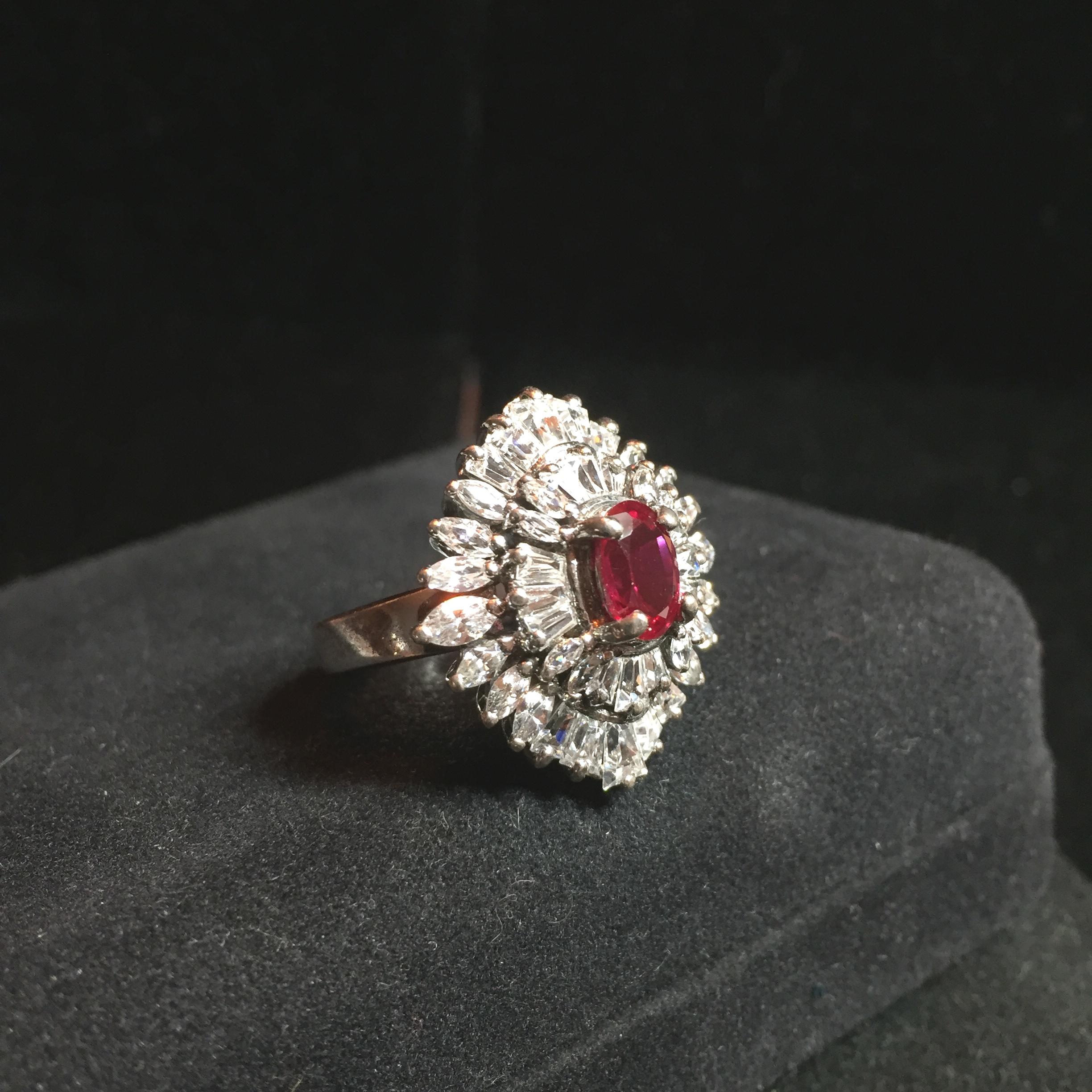Artist-Signed Sterling, Cubic Zirconia & Synthetic Ruby Cocktail Ring 1970s For Sale 4
