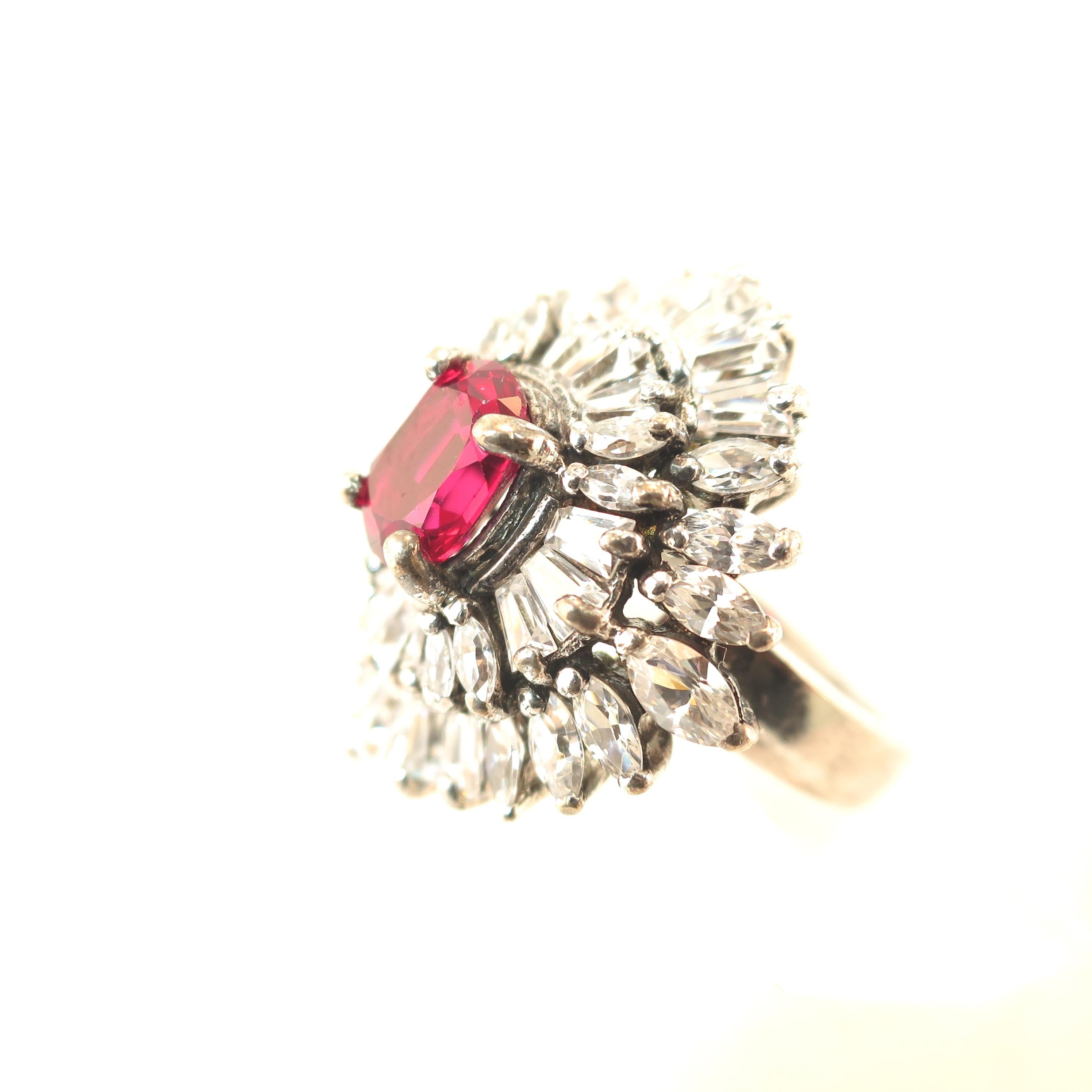 Artist-Signed Sterling, Cubic Zirconia & Synthetic Ruby Cocktail Ring 1970s For Sale 5