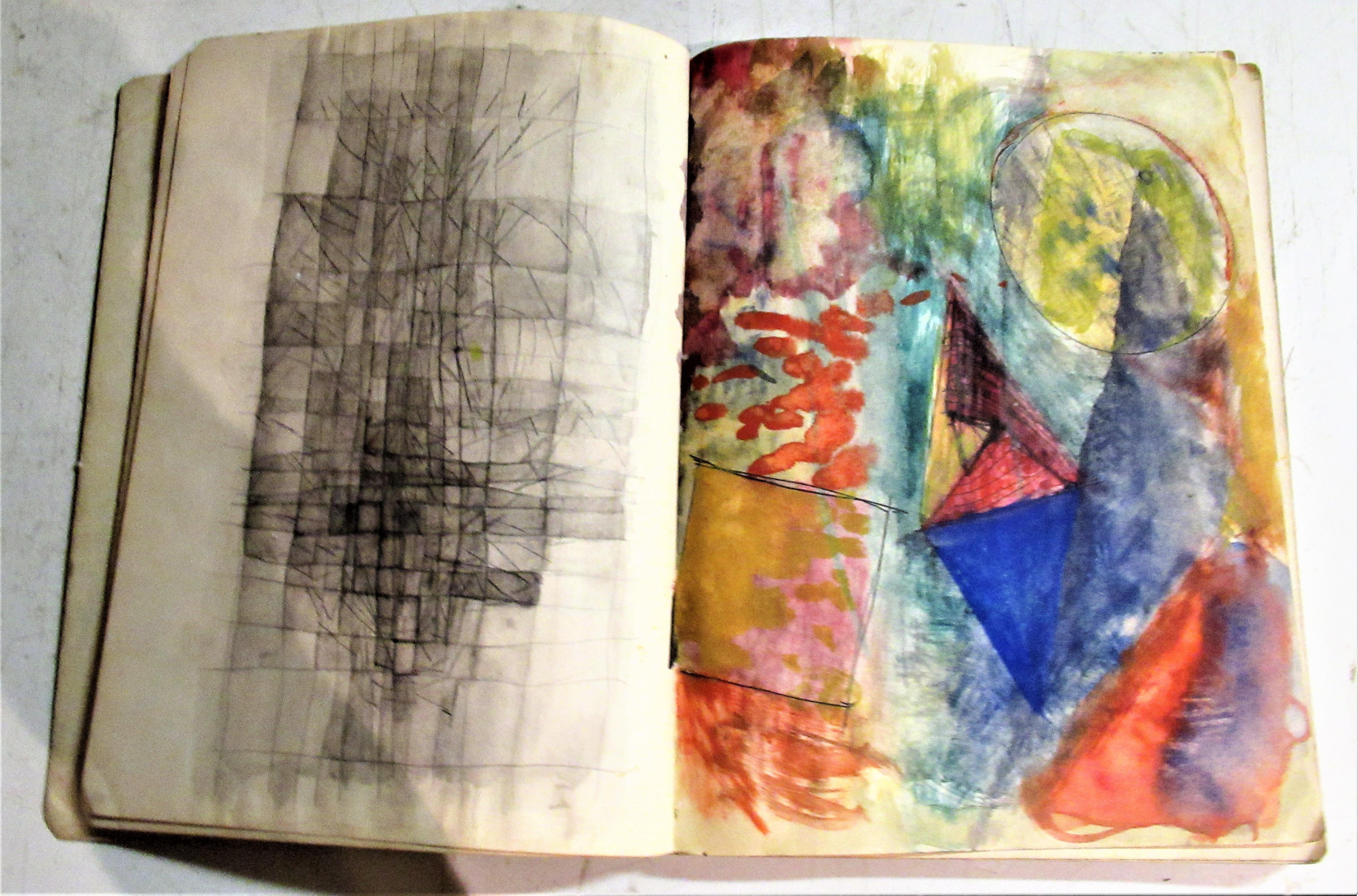 Signed sketchbook of well listed American painter artist Philip Bornarth while studying at the Art Institute of Chicago during fall 1948 - spring 1949. The book contains brilliant abstract surrealist style images landscape gouache paintings, bold