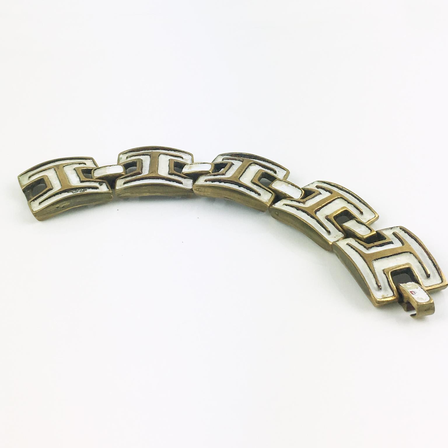 Modernist Artist St Luc Mid-Century Gilded Bronze and White Enamel Bracelet For Sale