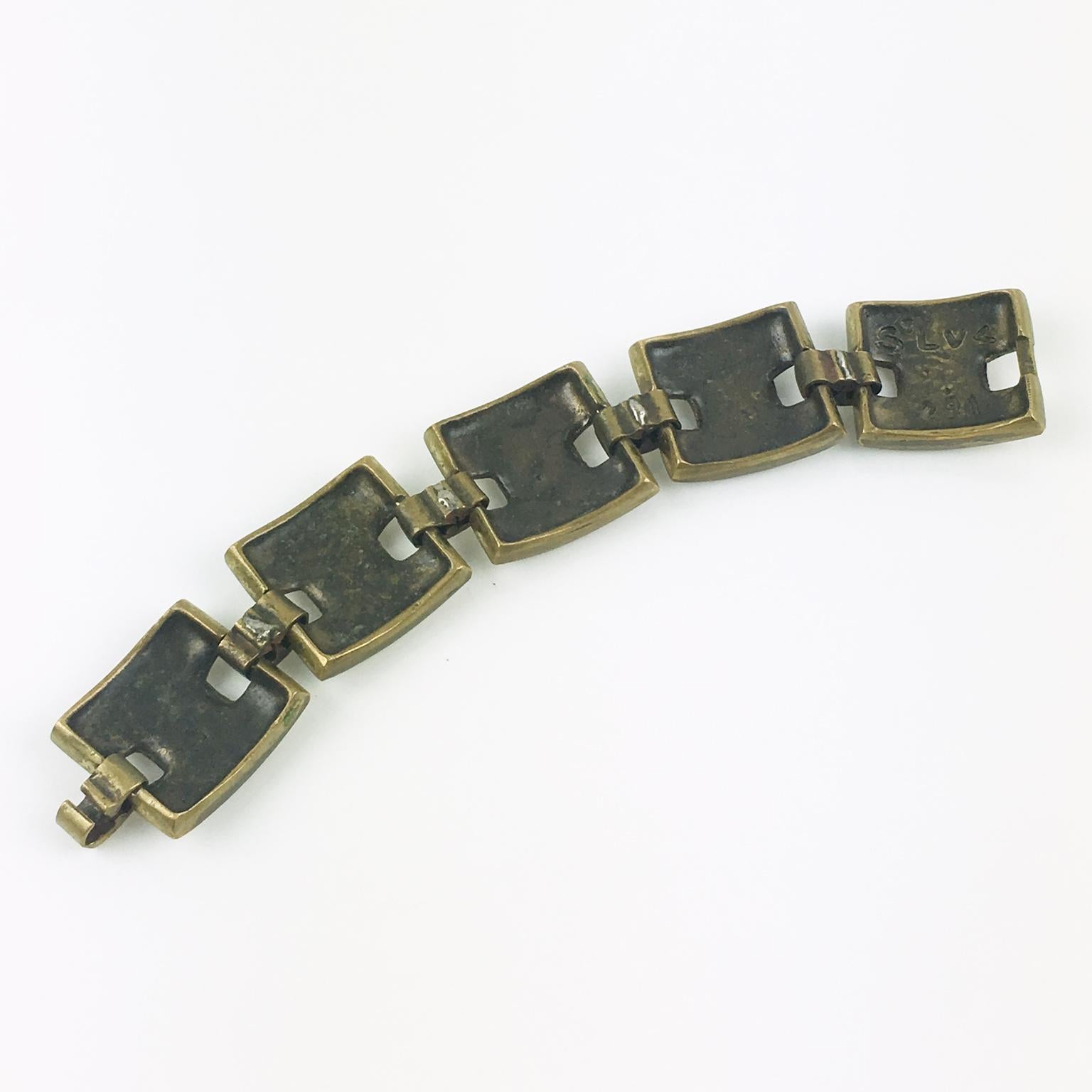 Artist St Luc Mid-Century Gilded Bronze and White Enamel Bracelet In Excellent Condition For Sale In Atlanta, GA