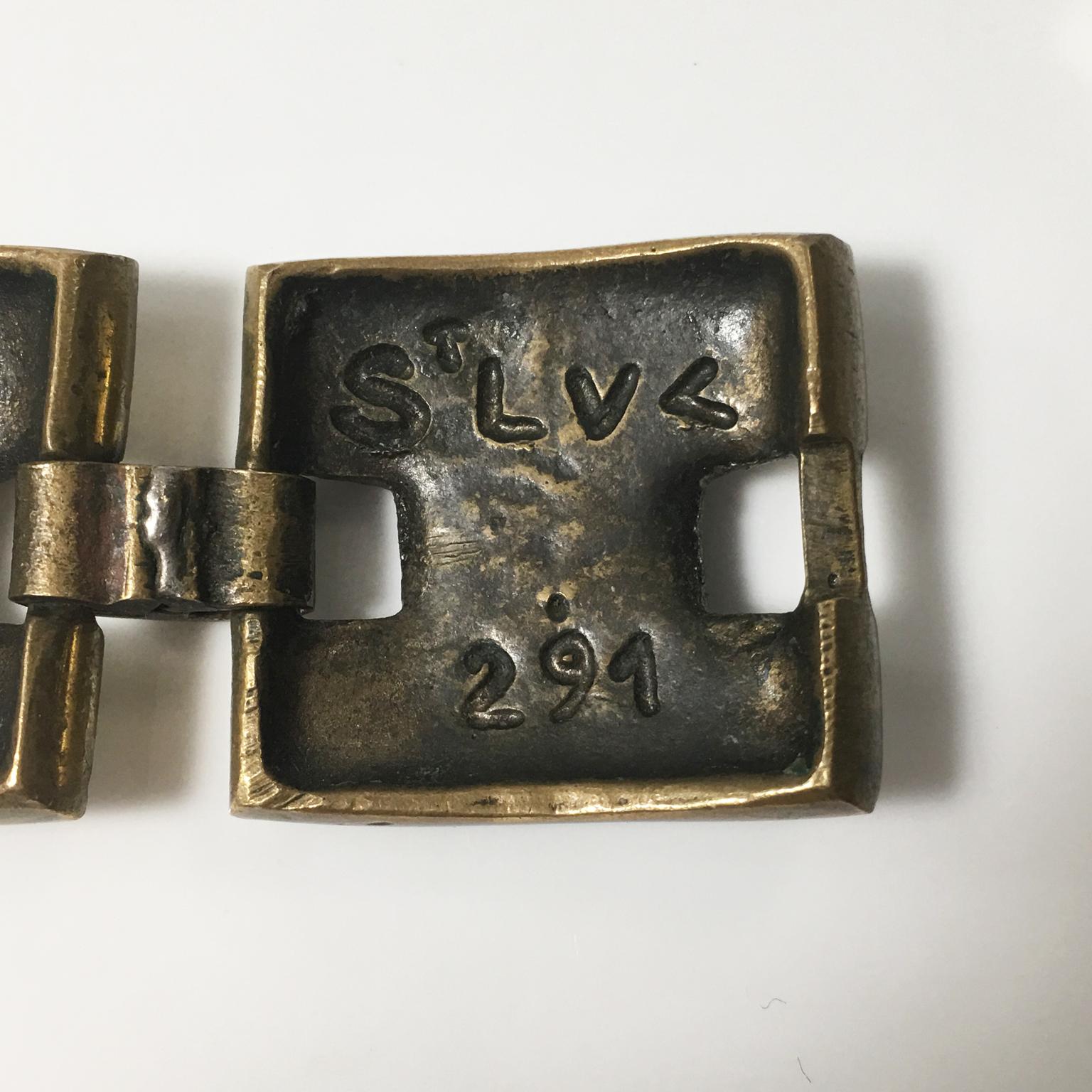 Women's or Men's Artist St Luc Mid-Century Gilded Bronze and White Enamel Bracelet For Sale