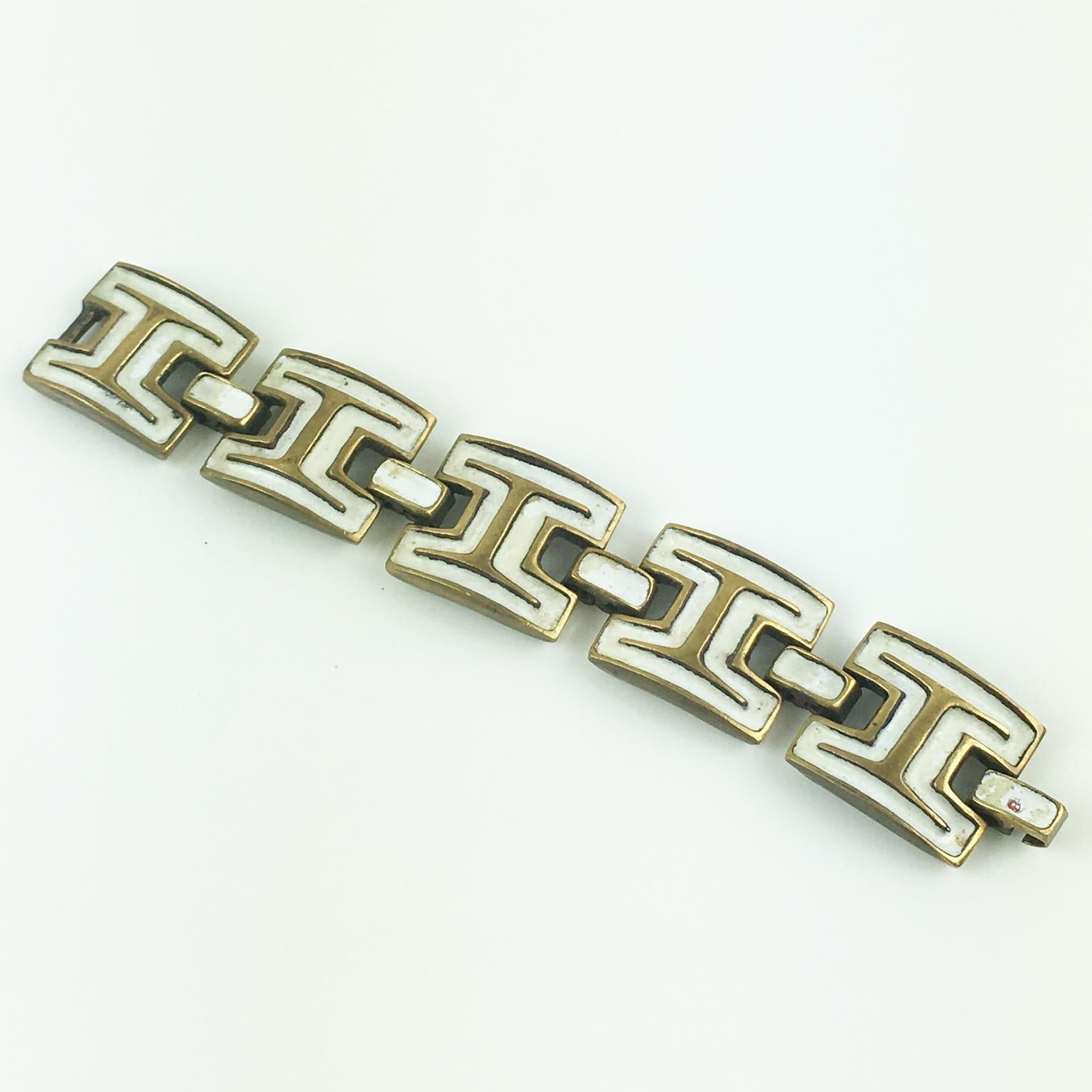Artist St Luc Mid-Century Gilded Bronze and White Enamel Bracelet For Sale 2