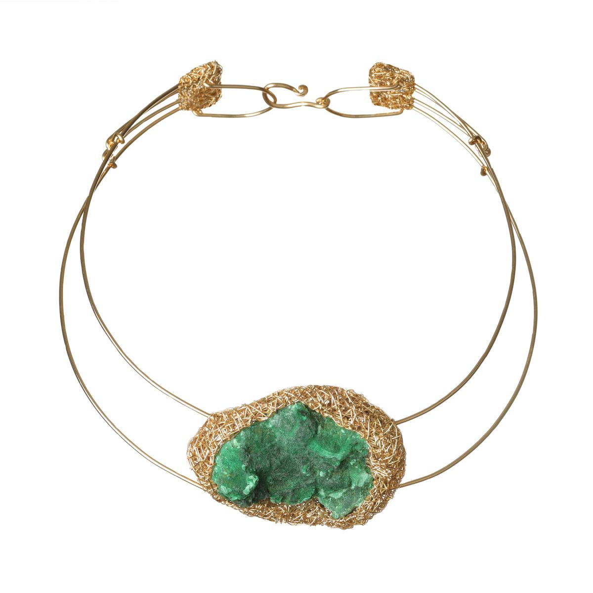 Artist Statement Choker in Raw Malachite 14 kt Yellow Gold F Cocktail Necklace For Sale 1